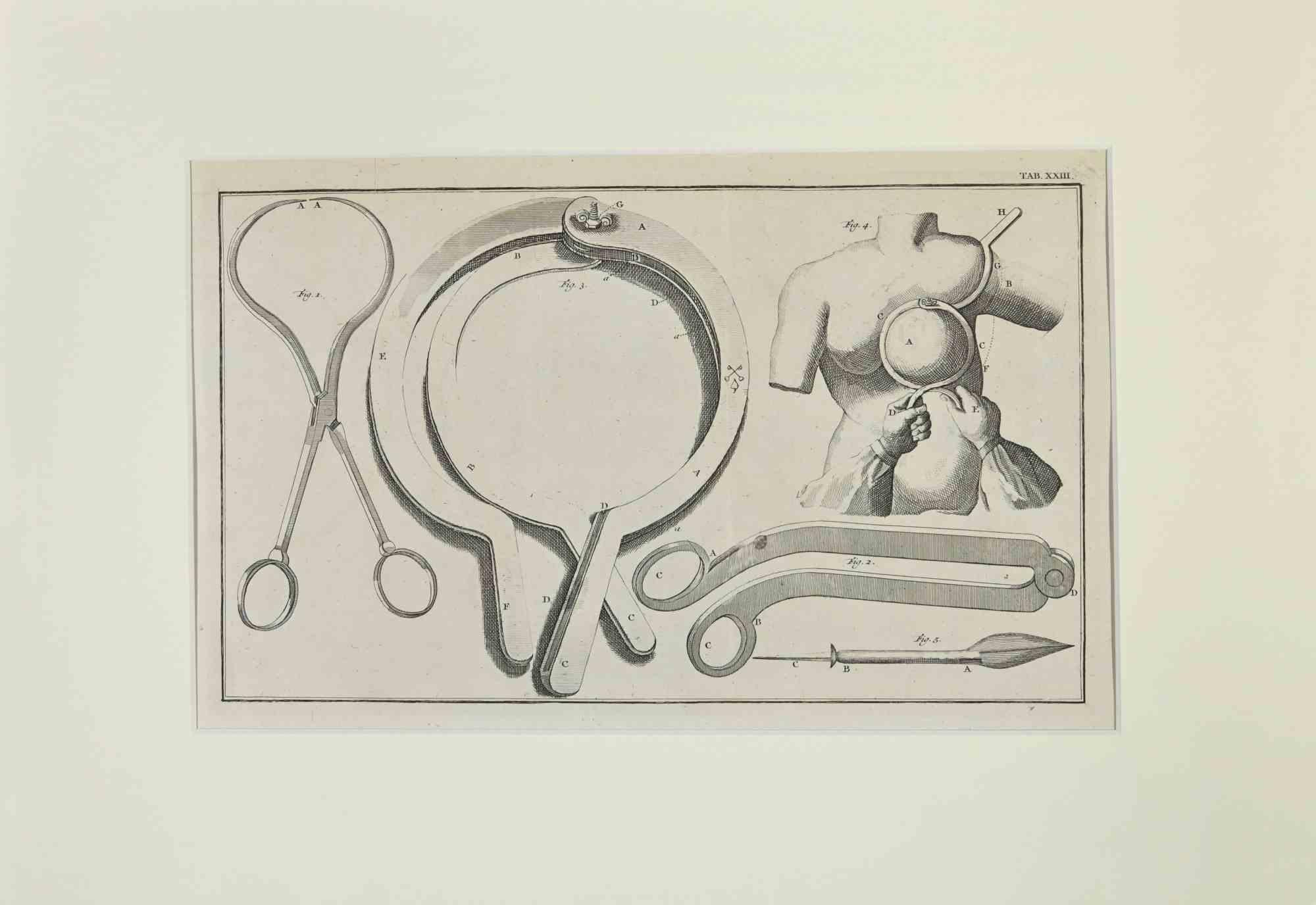 Surgical Instruments is part of the suite realized by Lorenz Heister in the series of Institutiones Chirurgicae, Amsterdam, Janssonius-Waesberg, 1750.

Etching on paper.

The work belongs to the Latin edition of the famous work by the founder of