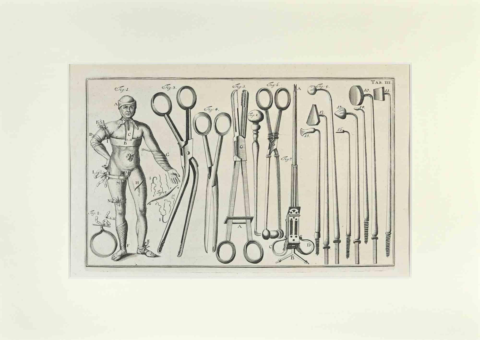 Surgical Instruments is part of the suite realized by Lorenz Heister in the series of Institutiones Chirurgicae, Amsterdam, Janssonius-Waesberg, 1750.

Etching on paper.

The work belongs to the Latin edition of the famous work by the founder of