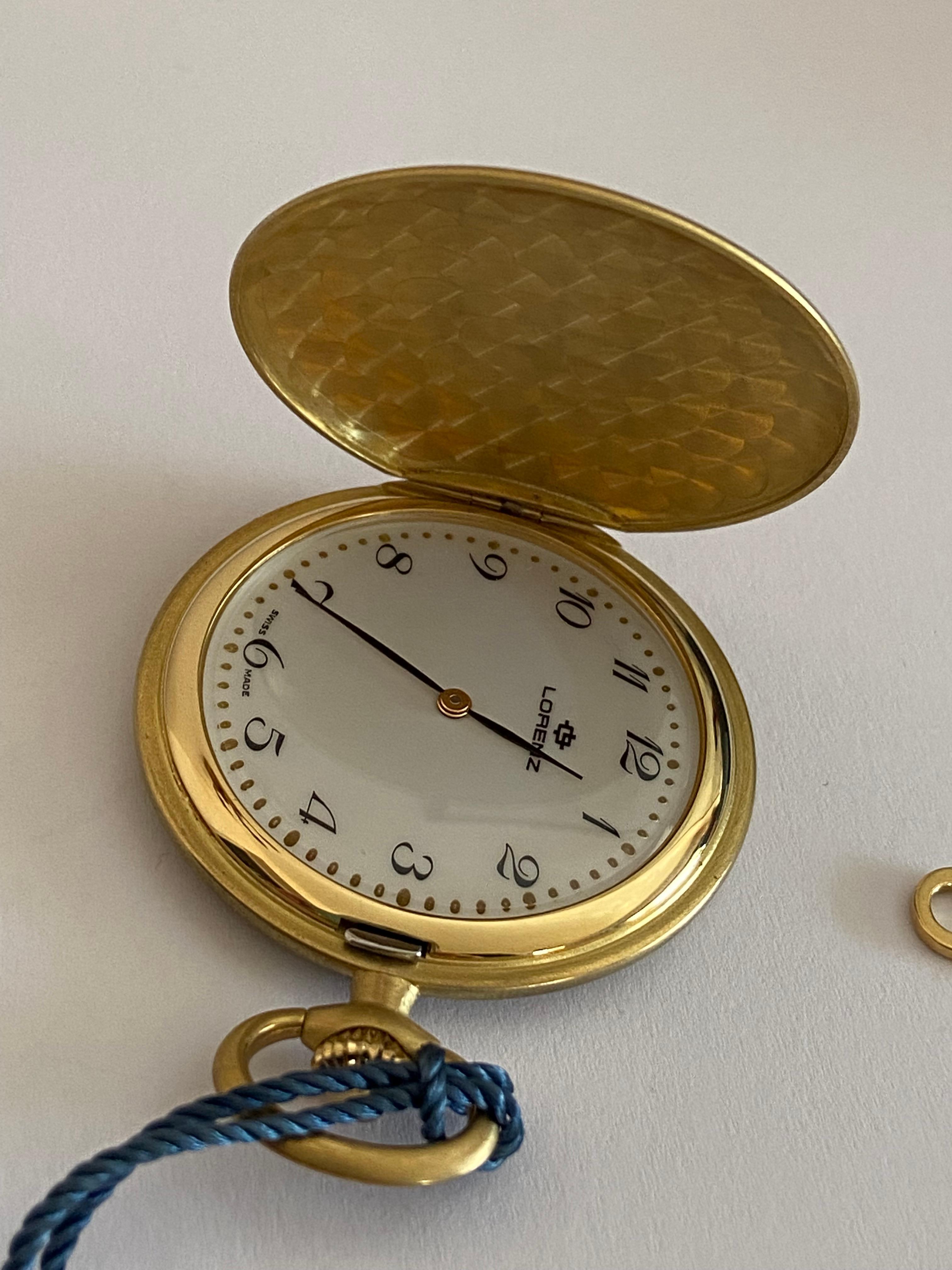Swiss Lorenz Pocket Watch and Chain, all in 18 kt Gold, gift never used, Italy, 1990 For Sale