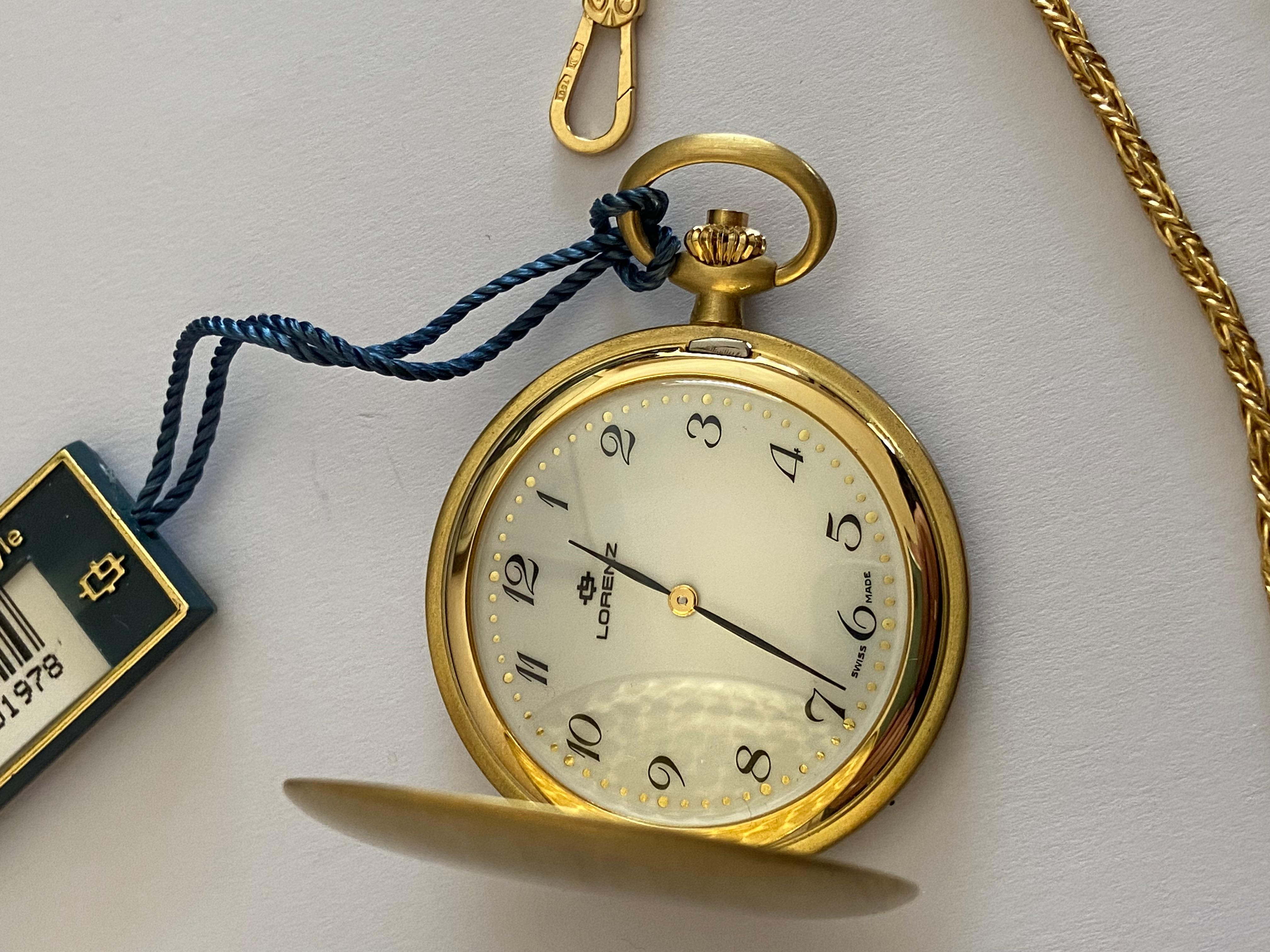 Lorenz Pocket Watch and Chain, all in 18 kt Gold, gift never used, Italy, 1990 In Excellent Condition For Sale In Palermo, IT