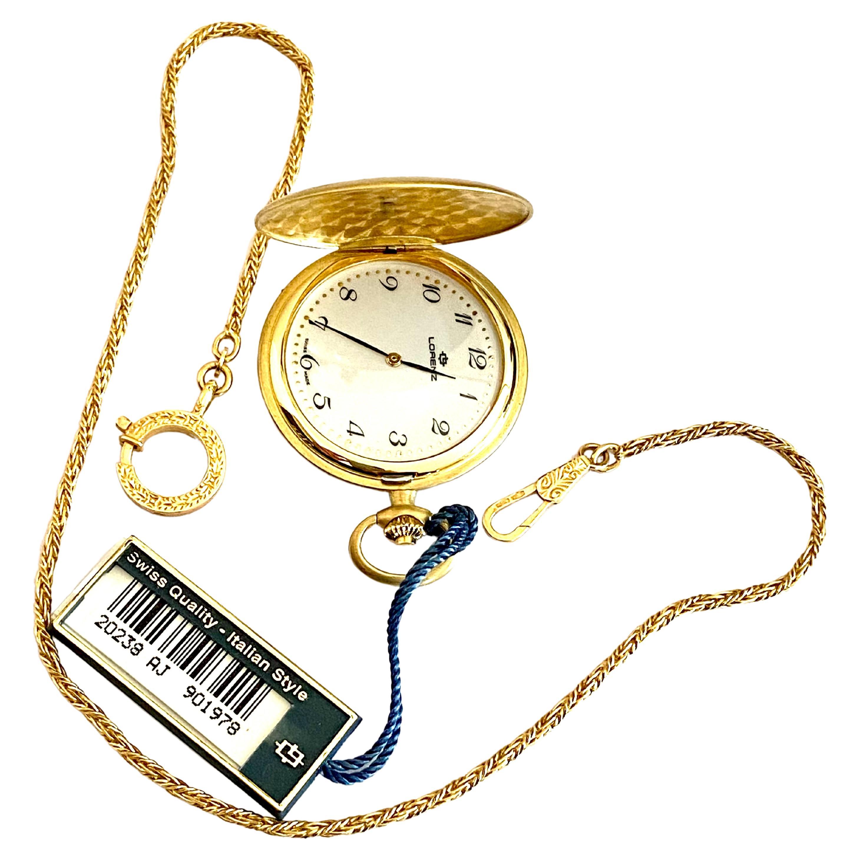 Lorenz Pocket Watch and Chain, all in 18 kt Gold, gift never used, Italy, 1990 For Sale