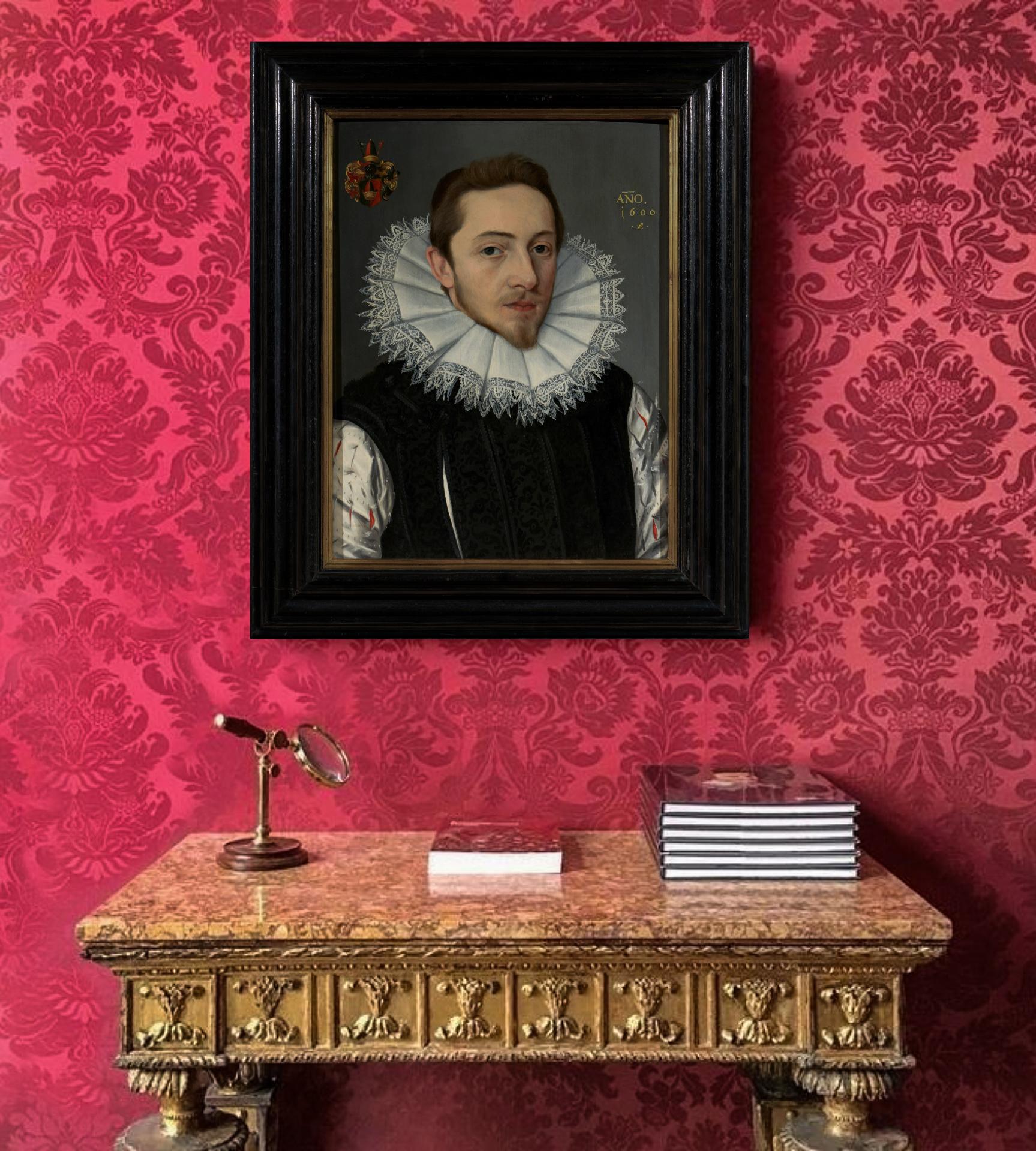 Porträt von Heinrich Mühlegg, Monogrammiert & datiert 1600, Öl auf Tafel, Gentleman – Painting von Lorenz Strauch