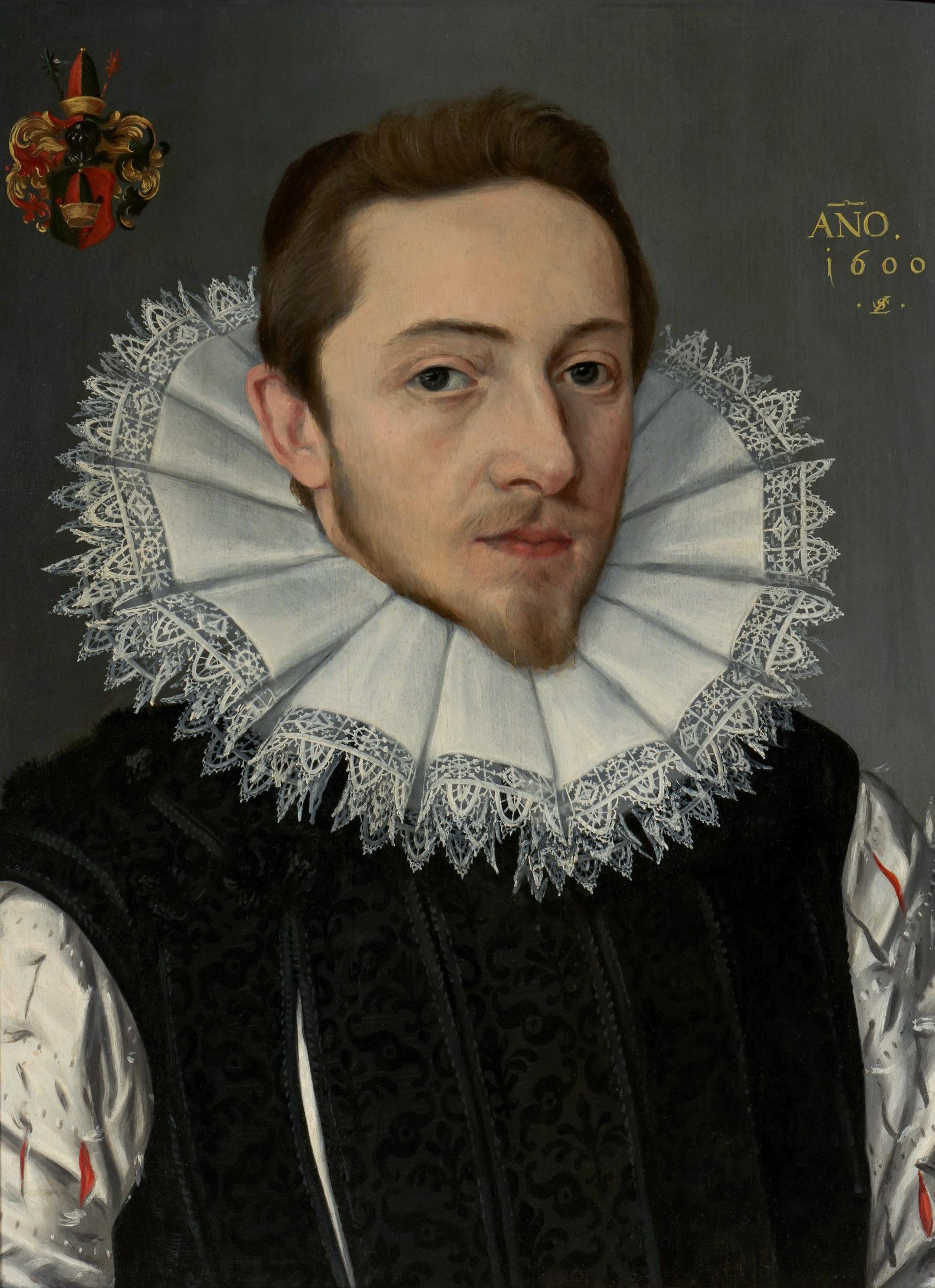 Porträt von Heinrich Mühlegg, Monogrammiert & datiert 1600, Öl auf Tafel, Gentleman (Alte Meister), Painting, von Lorenz Strauch