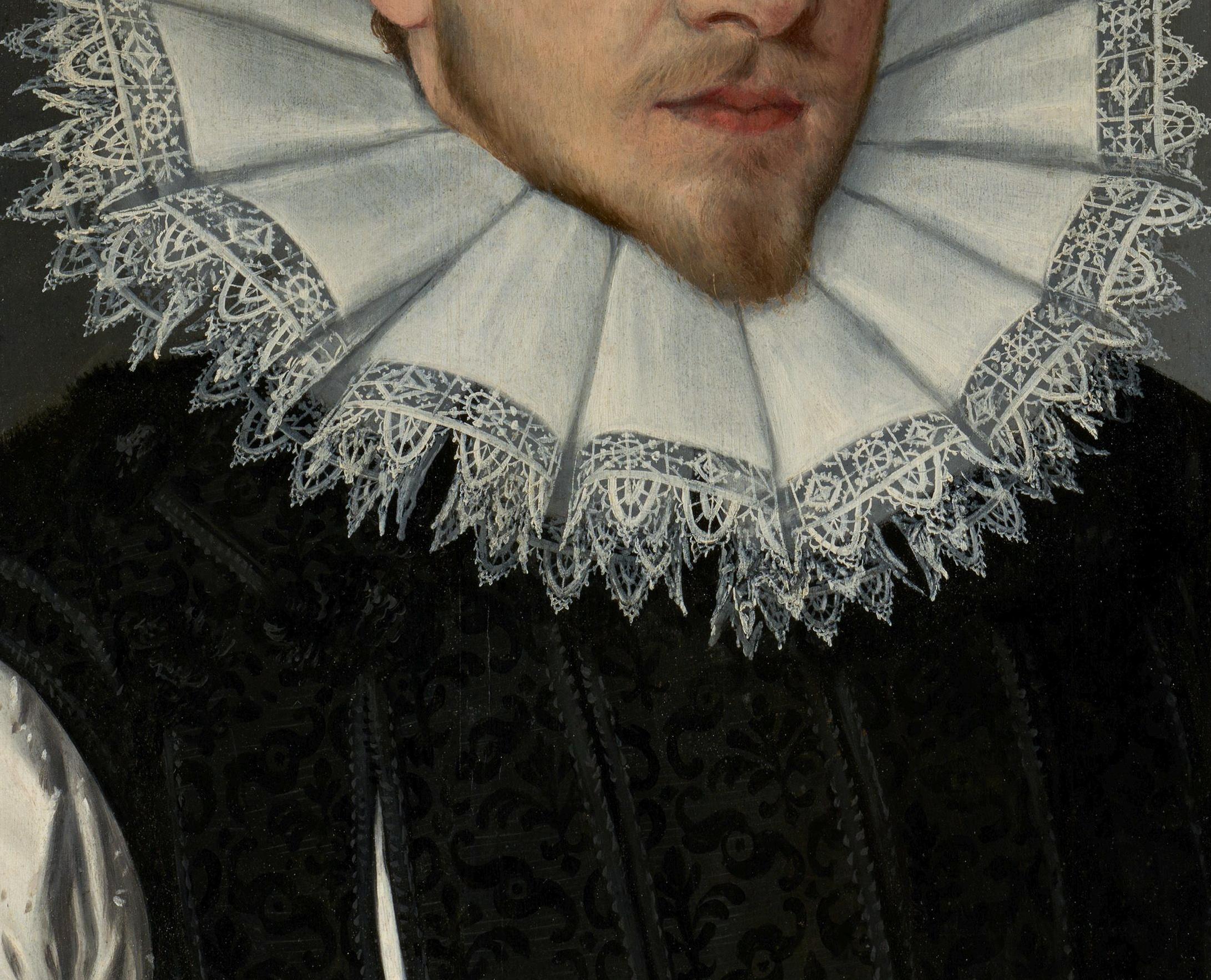 Porträt von Heinrich Mühlegg, dem Jüngeren (ca. 1575-1654), monogrammiert und datiert 1600
Von Lorenz Strauch (1554-c.1630)

Dieses prächtige, von Titan Fine Art präsentierte Öl-auf-Paneel-Porträt zeigt einen stattlichen Herrn in einem teuren