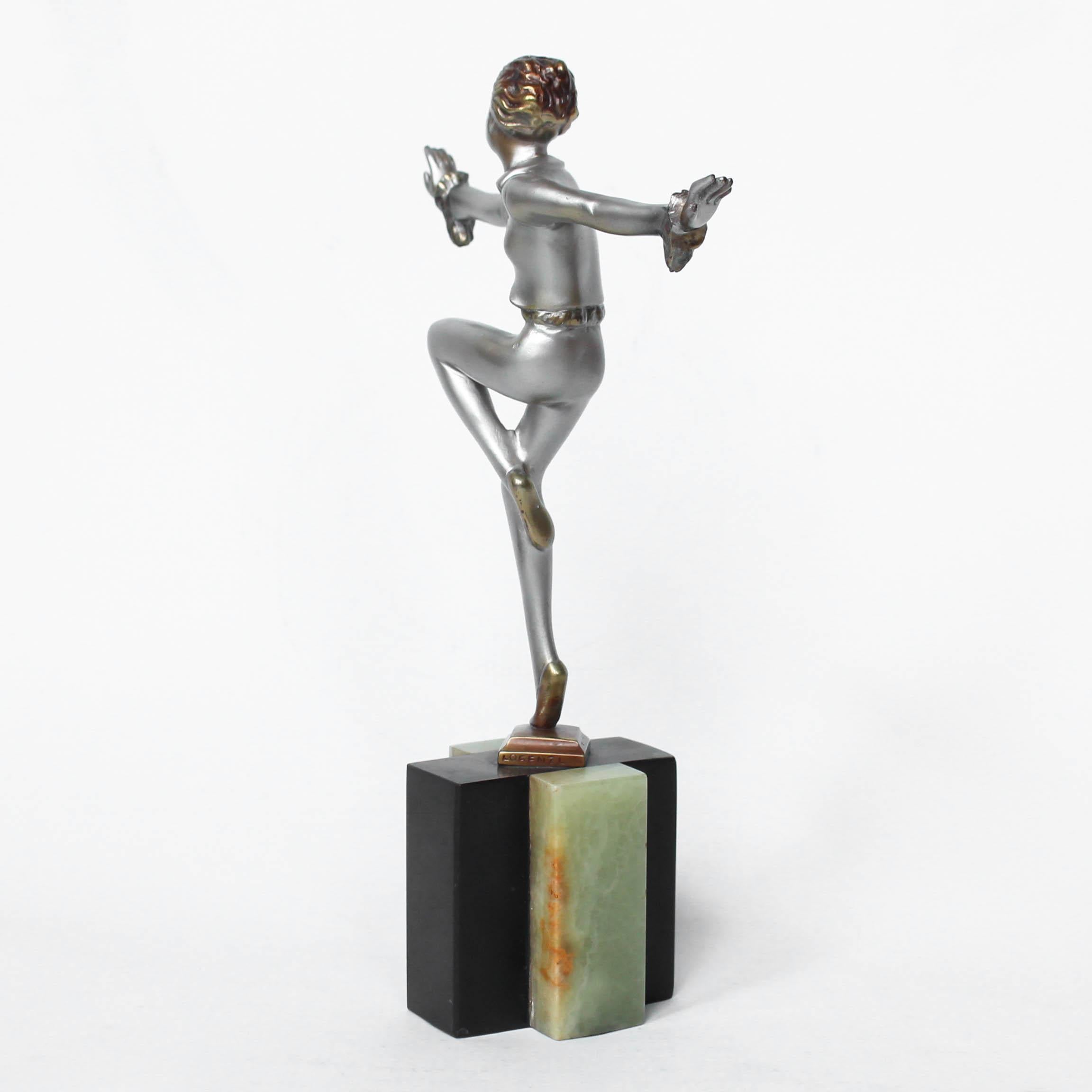 An Art Deco, cold painted bronze figure by Josef Lorenzl of a dancing maiden in stylised pose set over a green onyx plinth.

Signed Lorenzl to bronze.

Artist: Josef Lorenzl (1892-1950)

Origin: Austria 

Date: circa 1935

   