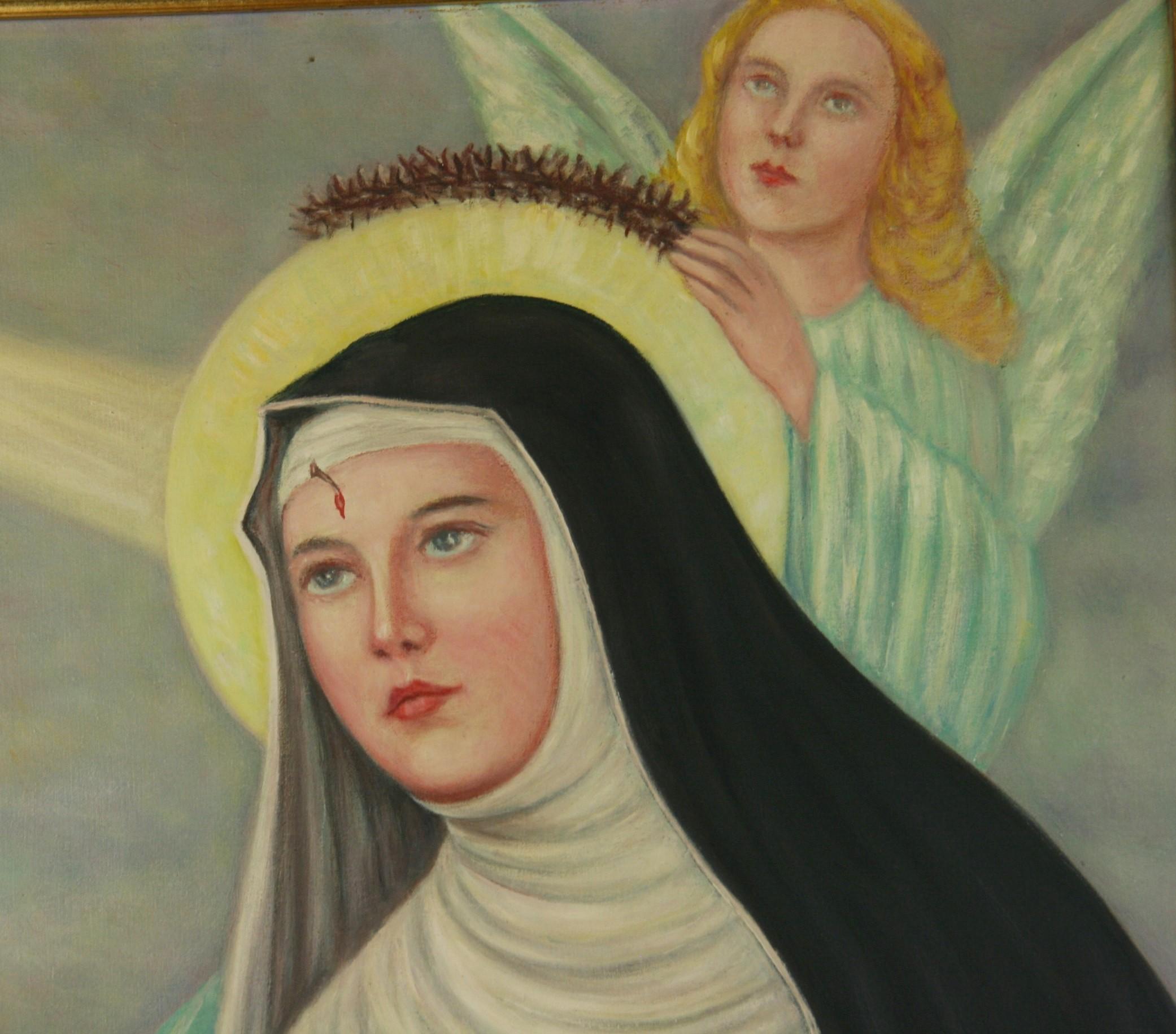 Santa Rita Estigmata Italiano  Pintura religiosa - Figurative Painting Marrón de Lorenzo Avignoni