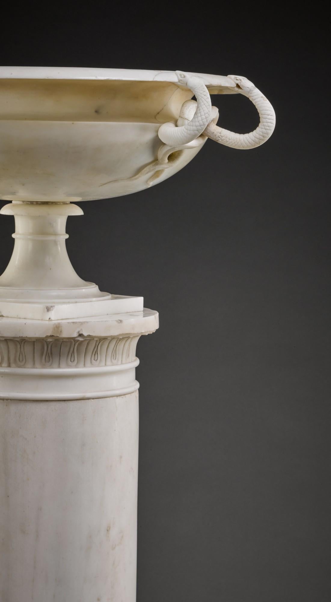 19th Century Lorenzo Bartolini Neo Classical Statuary Marble Snake Handled Tazza and Column For Sale