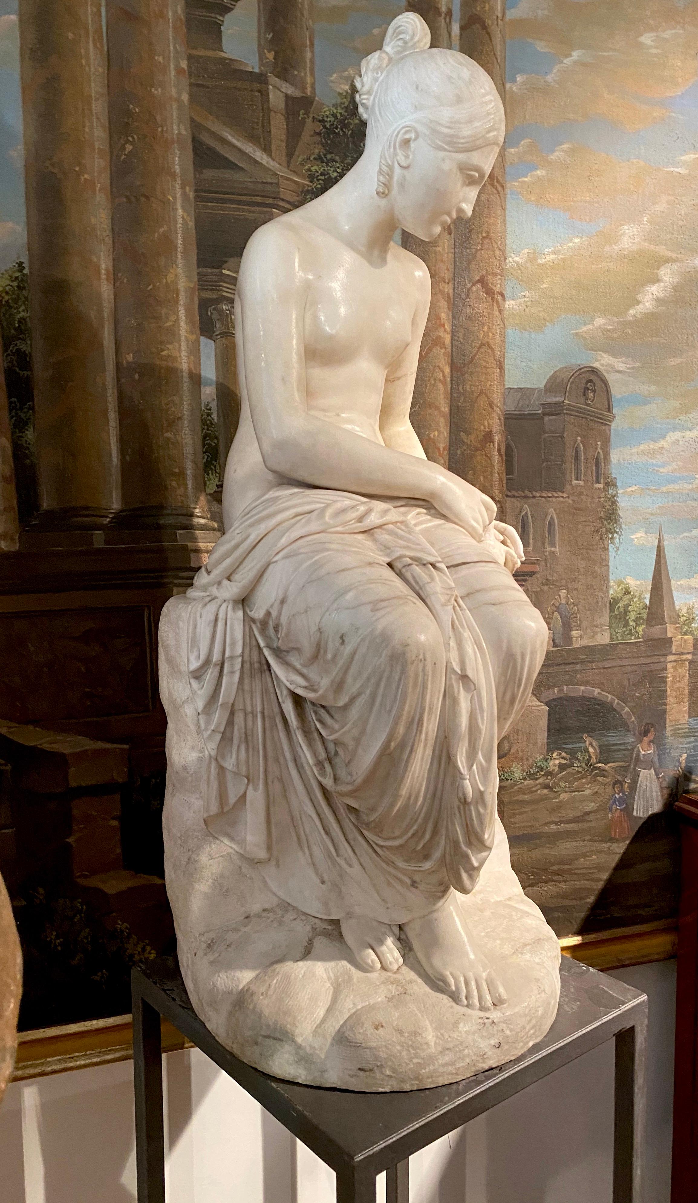 Fine Neoclassical White Marble Sculpture of Seated Nymph 1820 - Brown Nude Sculpture by Lorenzo Bartolini