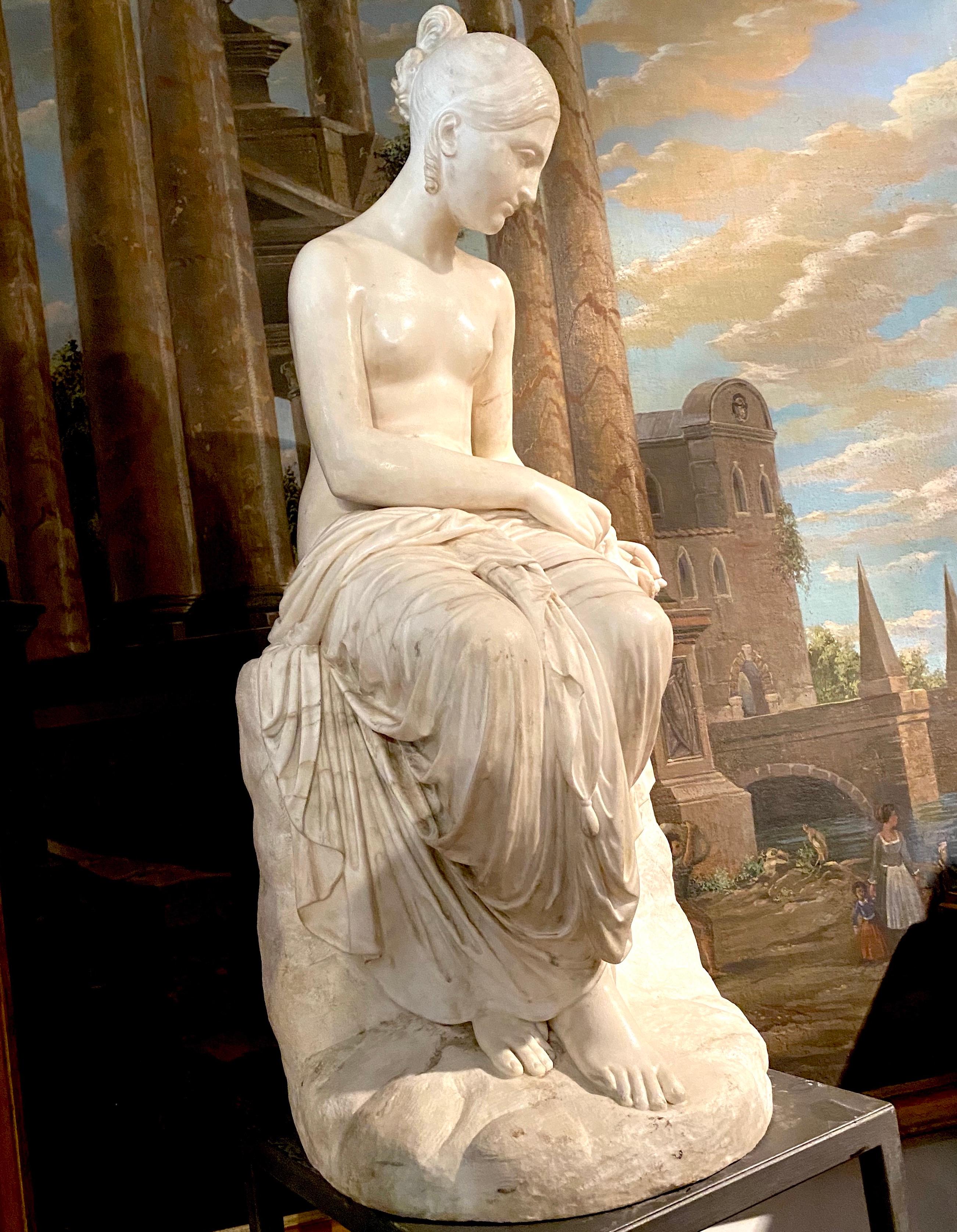 Lorenzo Bartolini Nude Sculpture - Fine Neoclassical White Marble Sculpture of Seated Nymph 1820