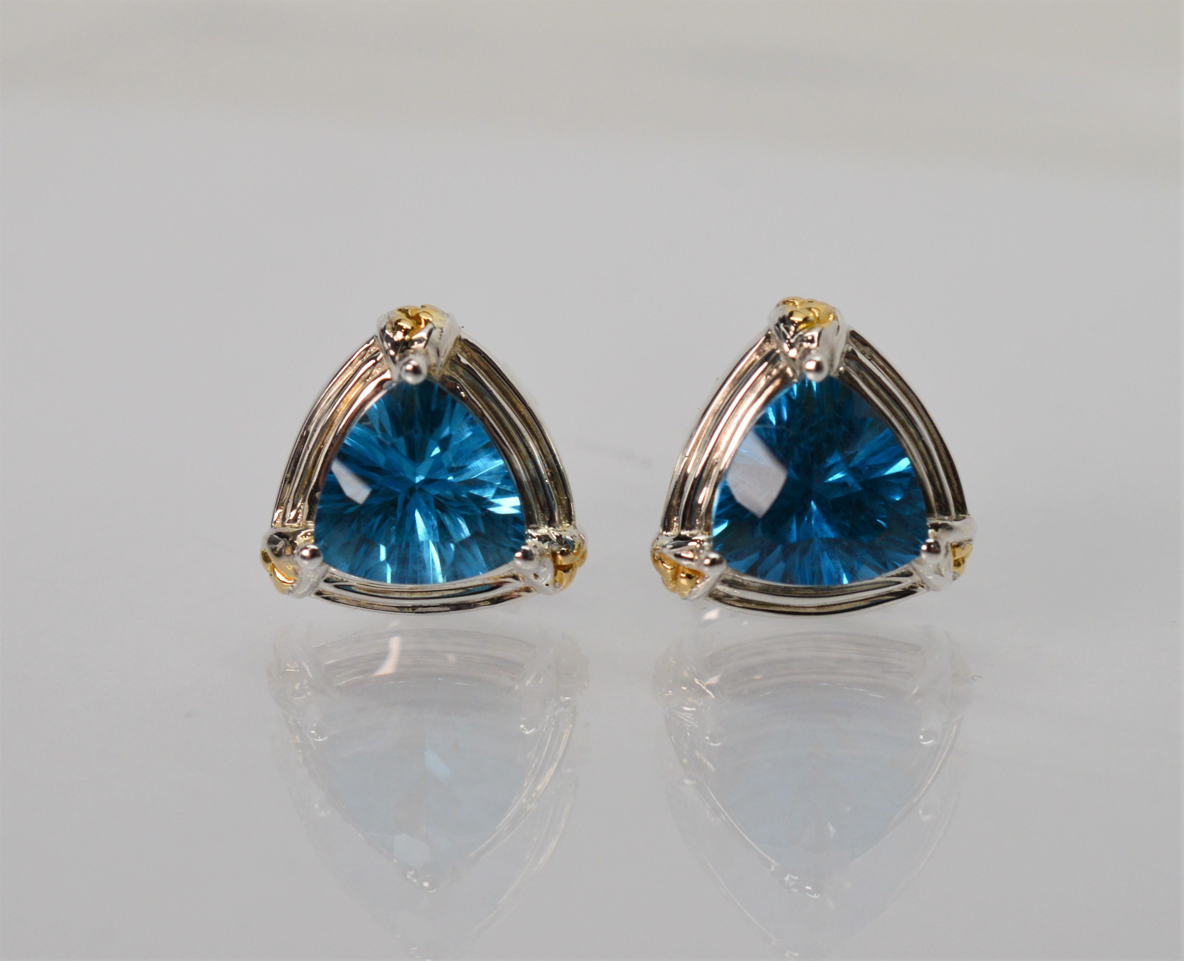 Mixed Cut Lorenzo Blue Topaz Sterling Silver 18 Karat Gold Stud Earrings