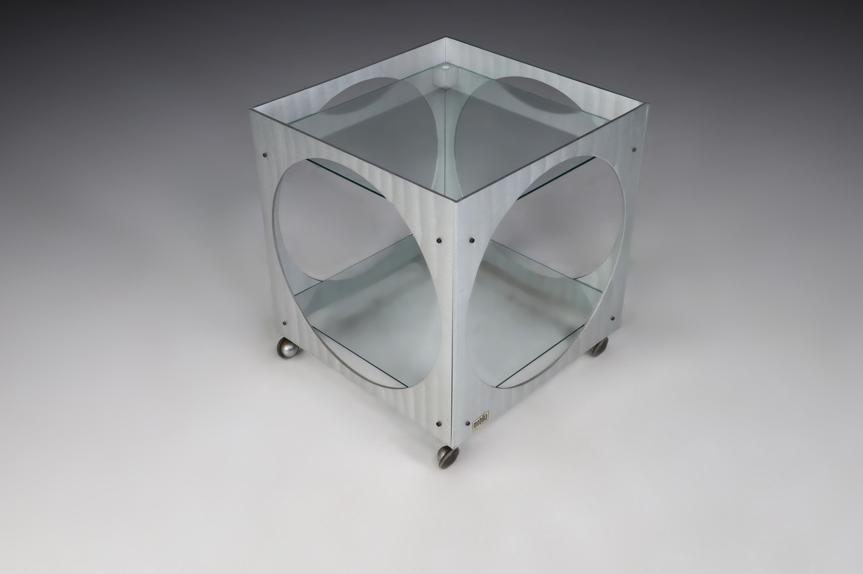 Mid-Century Modern Lorenzo Burchiellaro Cubic Bar Cart in Metal and Glass Italy 1970s. For Sale