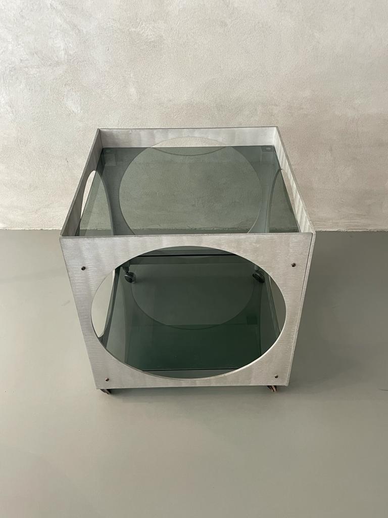 Mid-Century Modern Lorenzo Burchiellaro Cubic Carts Bar Two Tiers Aluminum Glass, Italy, 1970s