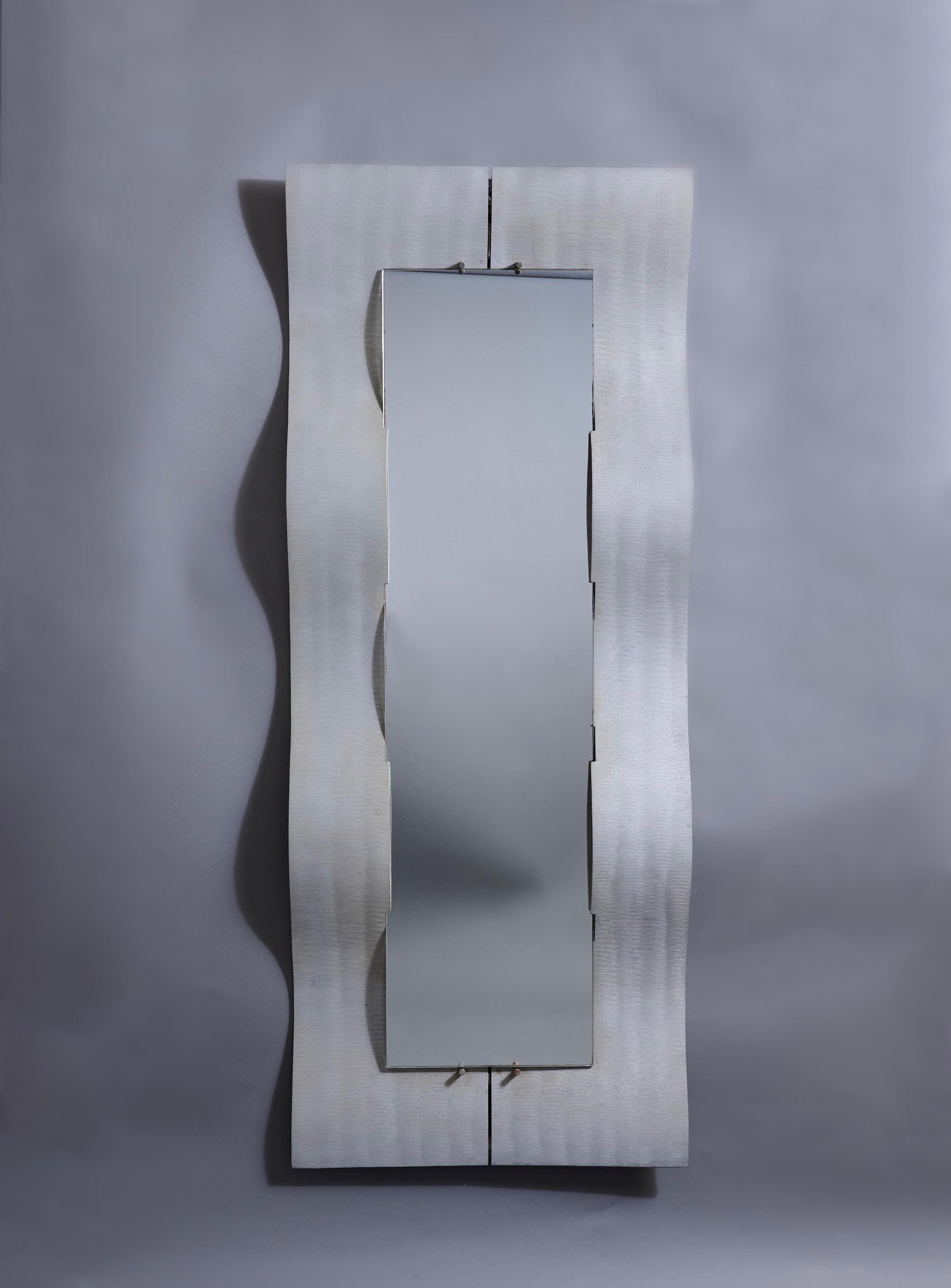 Mid-Century Modern Lorenzo Burchiellaro: Large Etched Rectangular Wave Mirror, Aluminum, Italy 1971 For Sale