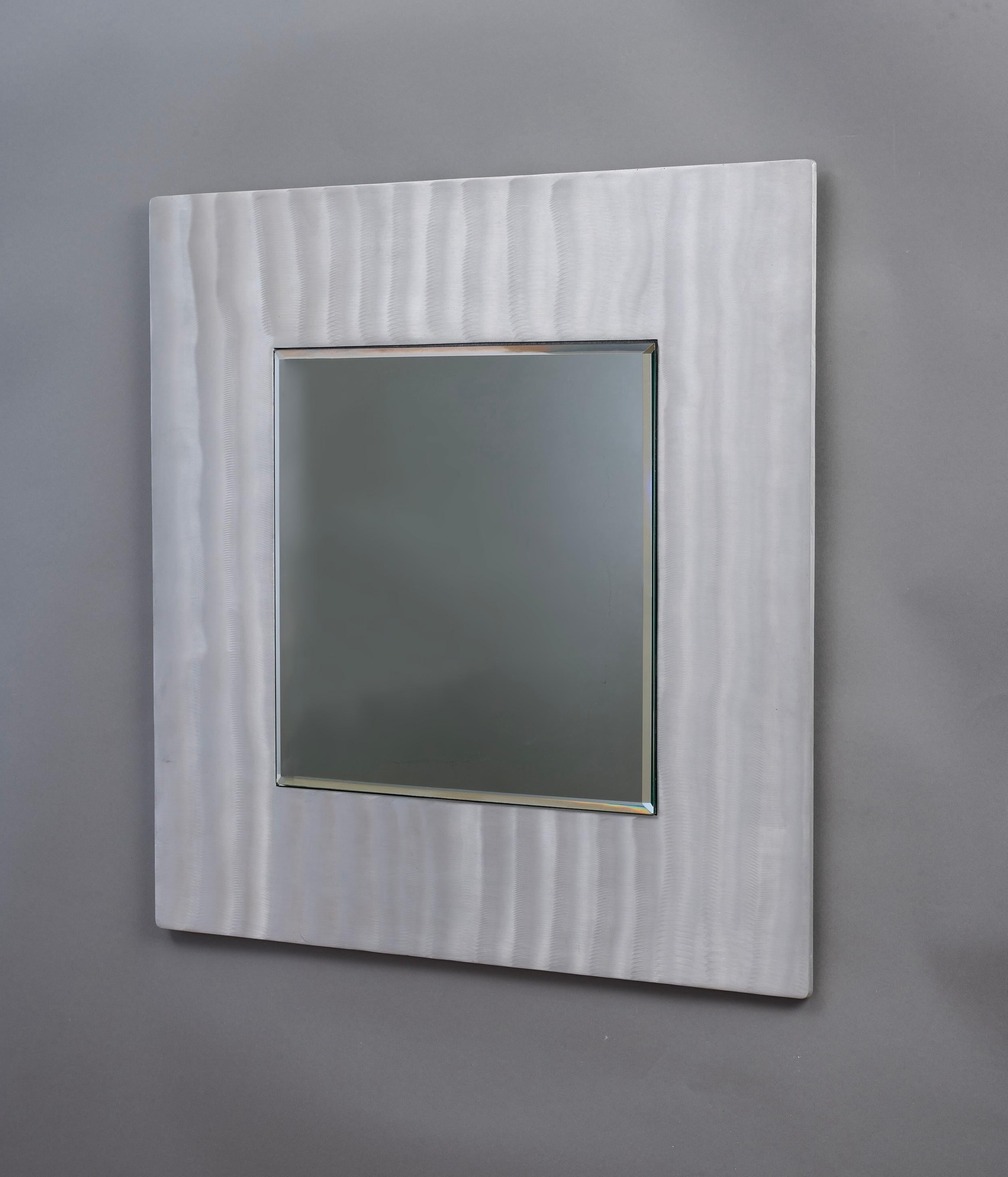 Italian Lorenzo Burchiellaro: Square Wall Mirror in Etched Aluminum, Italy 1970s For Sale