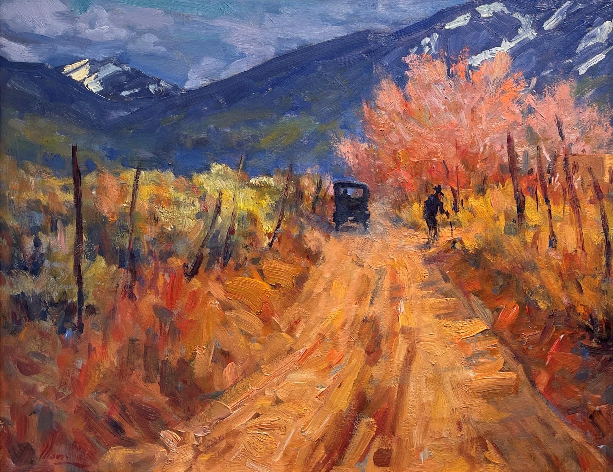 Lorenzo Chavez Landscape Painting - "Grandpa's First Car Ride, " Southwestern Landscape Oil Painting