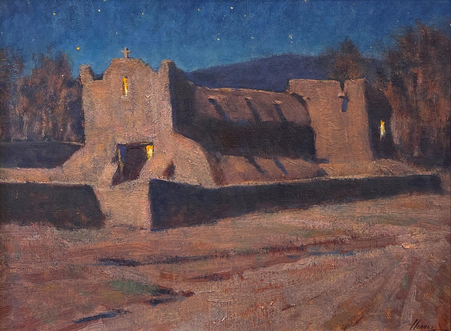 Lorenzo Chavez Figurative Painting – „Moonlight San Lorenzo de Picuris“, Original Adobe-Landschaft, Ölgemälde