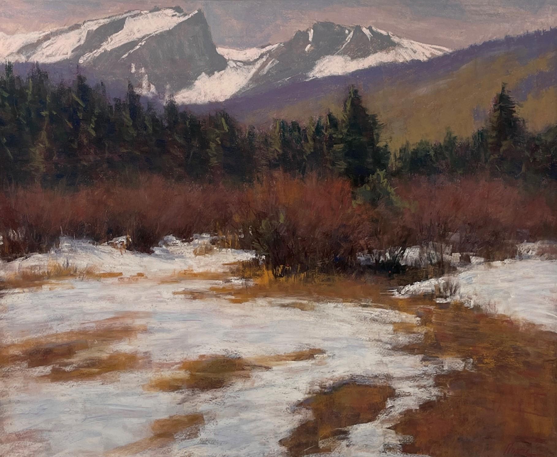 Landscape Painting Lorenzo Chavez - « Près du Glacier Creek, », peinture originale de paysage du Colorado au pastel