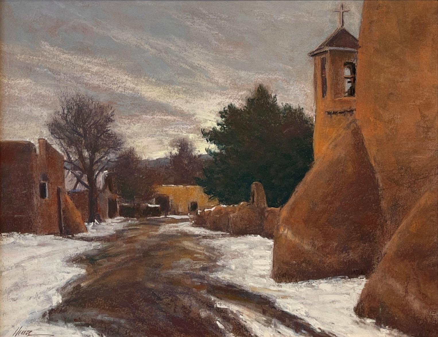Lorenzo Chavez Figurative Painting - "Quiet Winter Walk, " Original Winter Landscape Adobe Pastel Painting