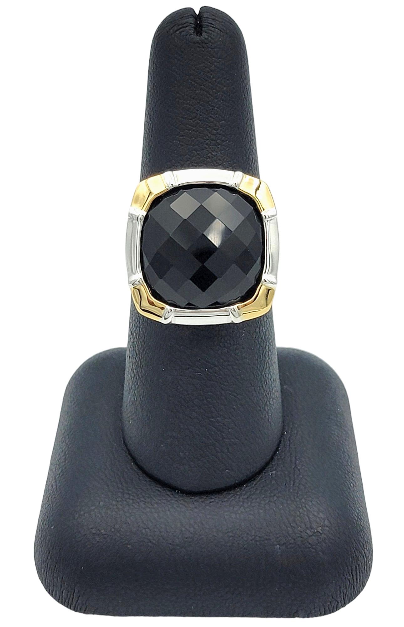 Lorenzo Cushion Black Onyx Ring Set in 18 Karat Yellow Gold and Sterling Silver For Sale 4