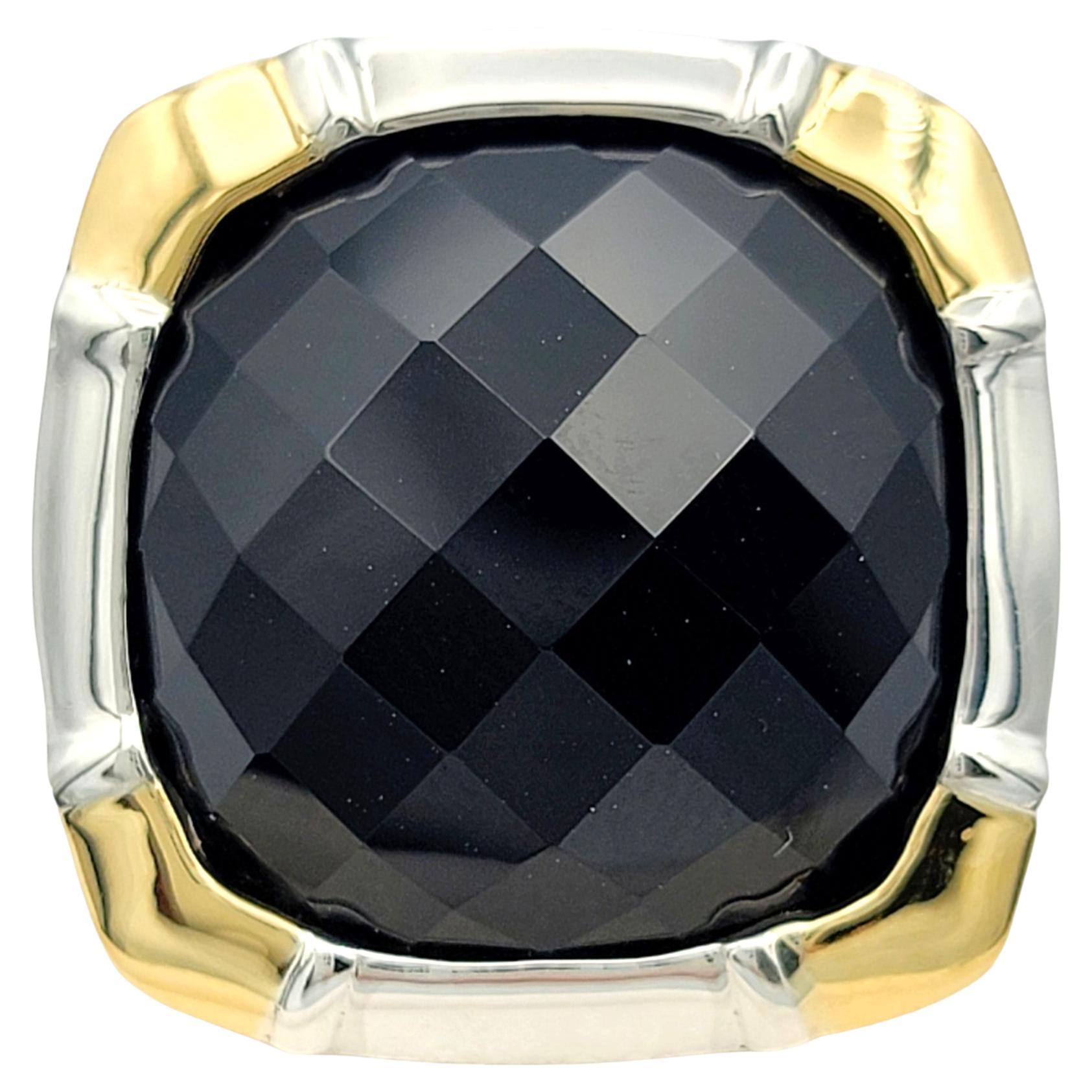 Ring Size: 8

This beautiful Lorenzo black onyx ring exudes a bold and sophisticated charm, combining the rich allure of onyx with the timeless elegance of 18 karat yellow gold and sterling silver. At its heart lies a square checkerboard cushion