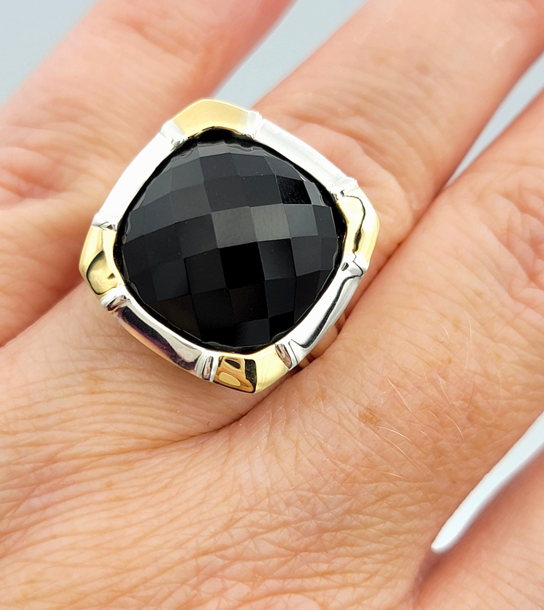 Lorenzo Cushion Black Onyx Ring Set in 18 Karat Yellow Gold and Sterling Silver For Sale 3