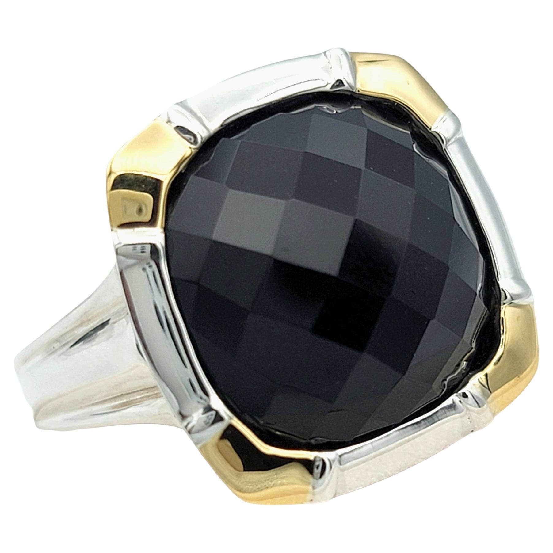 Lorenzo Cushion Black Onyx Ring Set in 18 Karat Yellow Gold and Sterling Silver For Sale