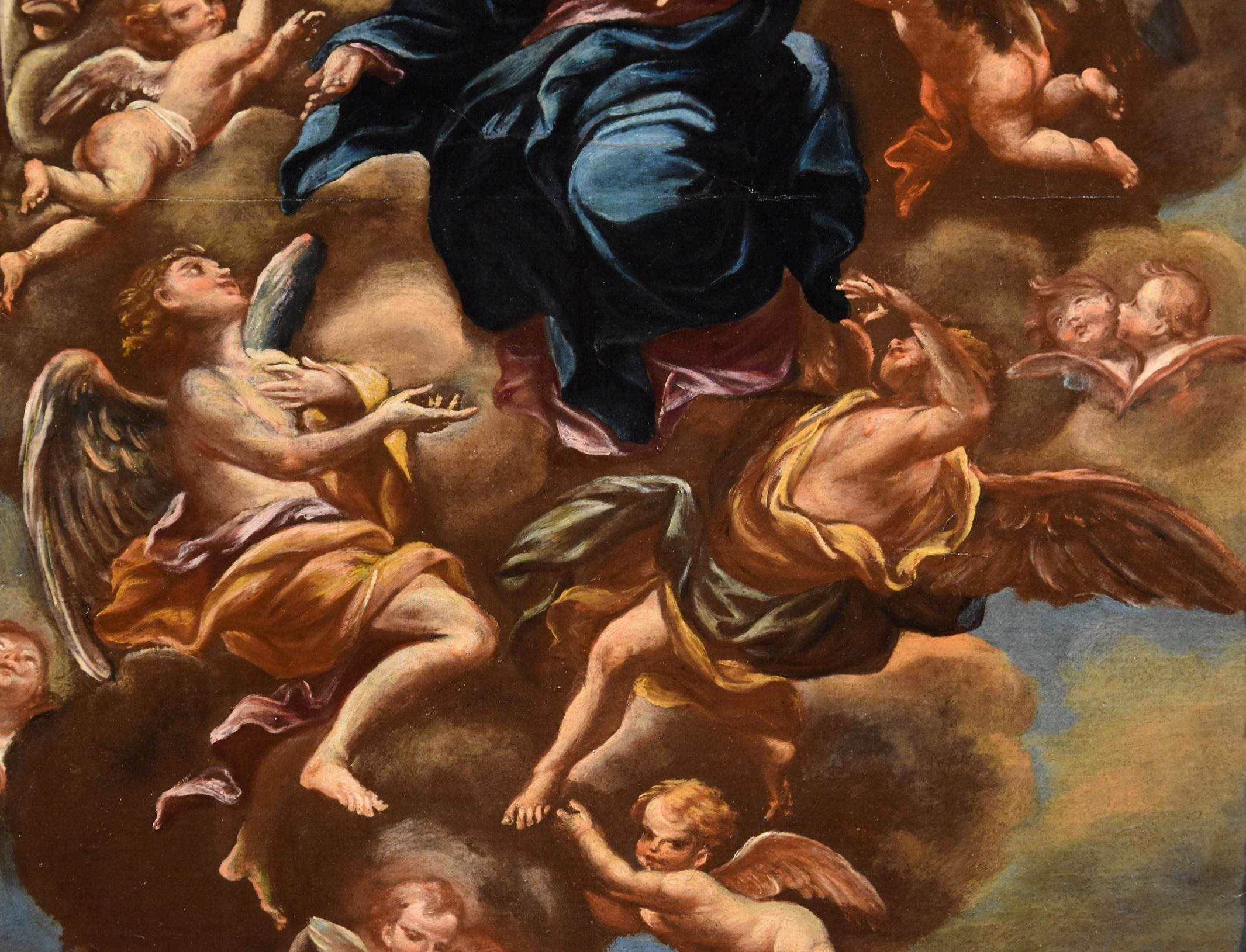 Lorenzo de Caro (Naples, 1719 - 1777) attributable
The Trinity crowns the Virgin (probable preparatory sketch)

Oil painting on canvas (60 x 46cm. - in frame 72 x 58 cm.)

The interesting painting that we show you depicts the dogma of the Assumption