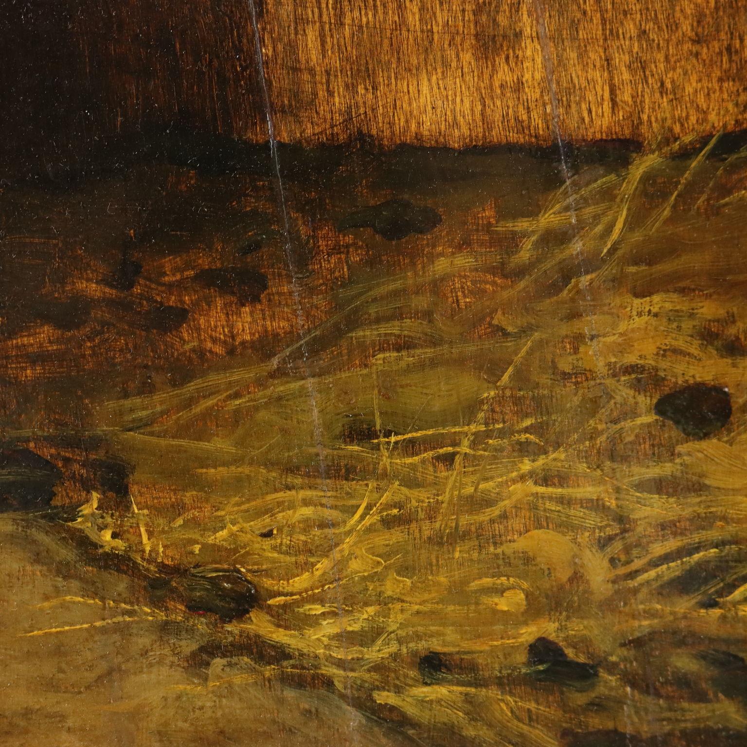 Oil on Board. Signed and dated 30-11-1889 lower left.
Delleani, who initially painted mainly historical subjects, gradually approached landscape painting 
