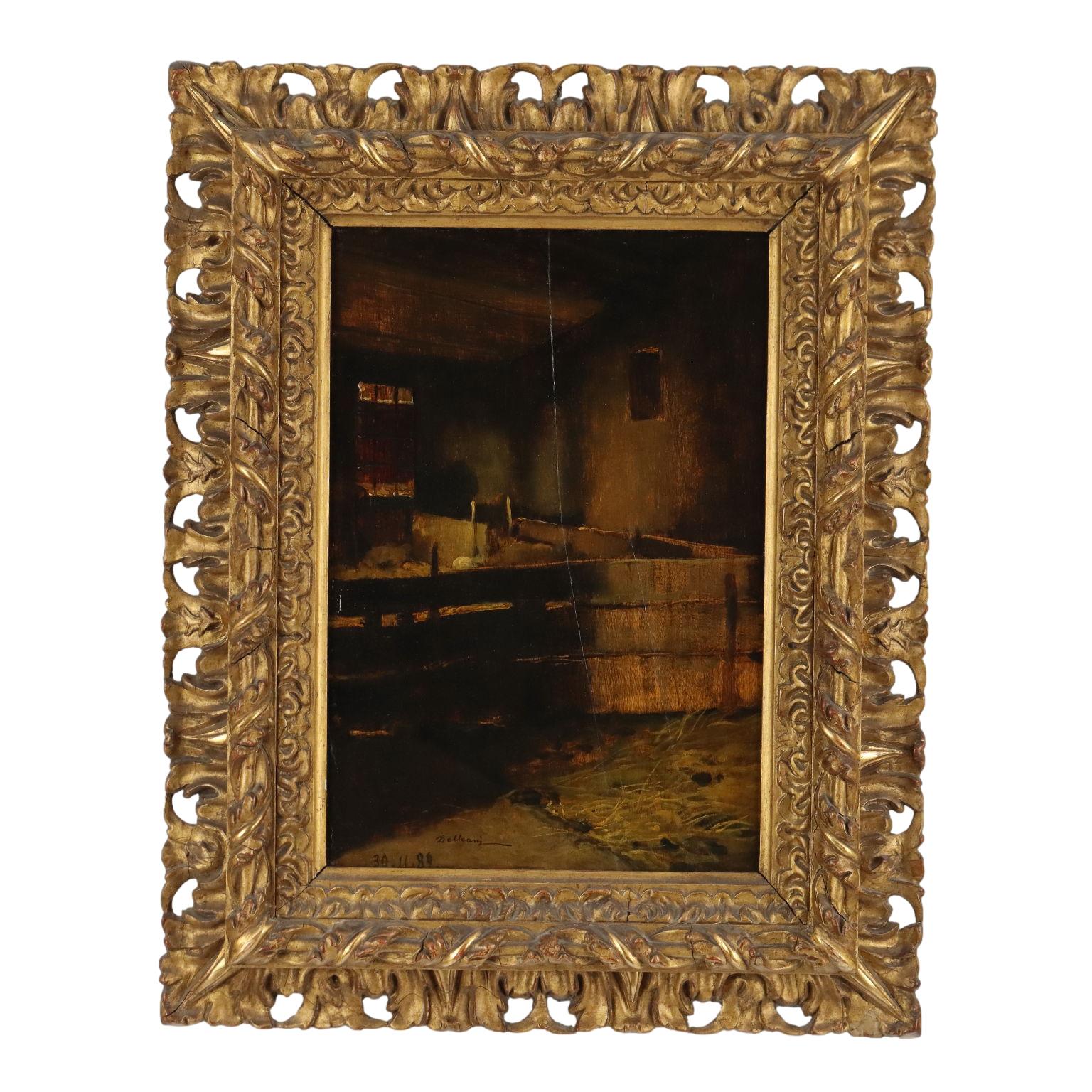Lorenzo Delleani Interior Painting - Interior of Stable, 1889