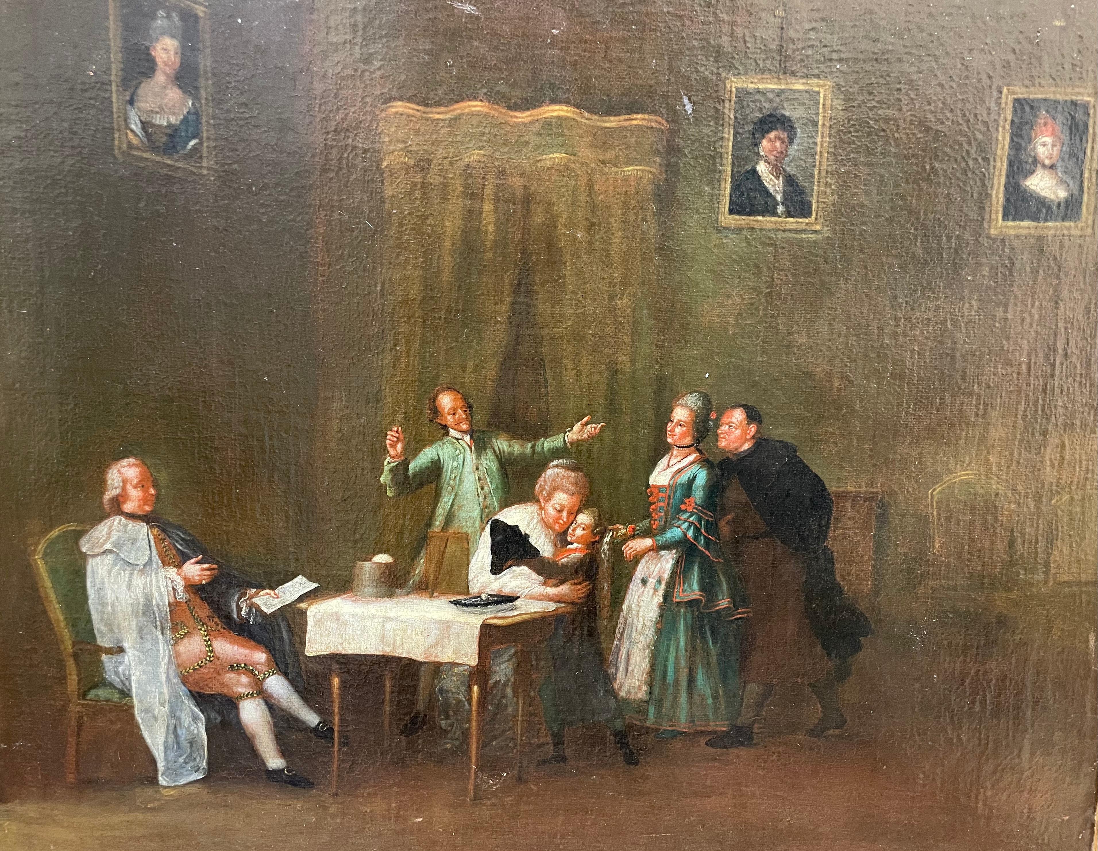 Lorenzo Gramiccia (1702-1795) - Innenszene aus dem 18. Jahrhundert
Medium: Öl auf Leinwand
 Abmessungen:
Gerahmt: 56 x 68 cm
Flach: 50 x 59 cm
 Unterschrift: Anwesend
 Rückseite: Inschrift mit 2 Stempeln Beschreibung und historischer Kontext
Diese