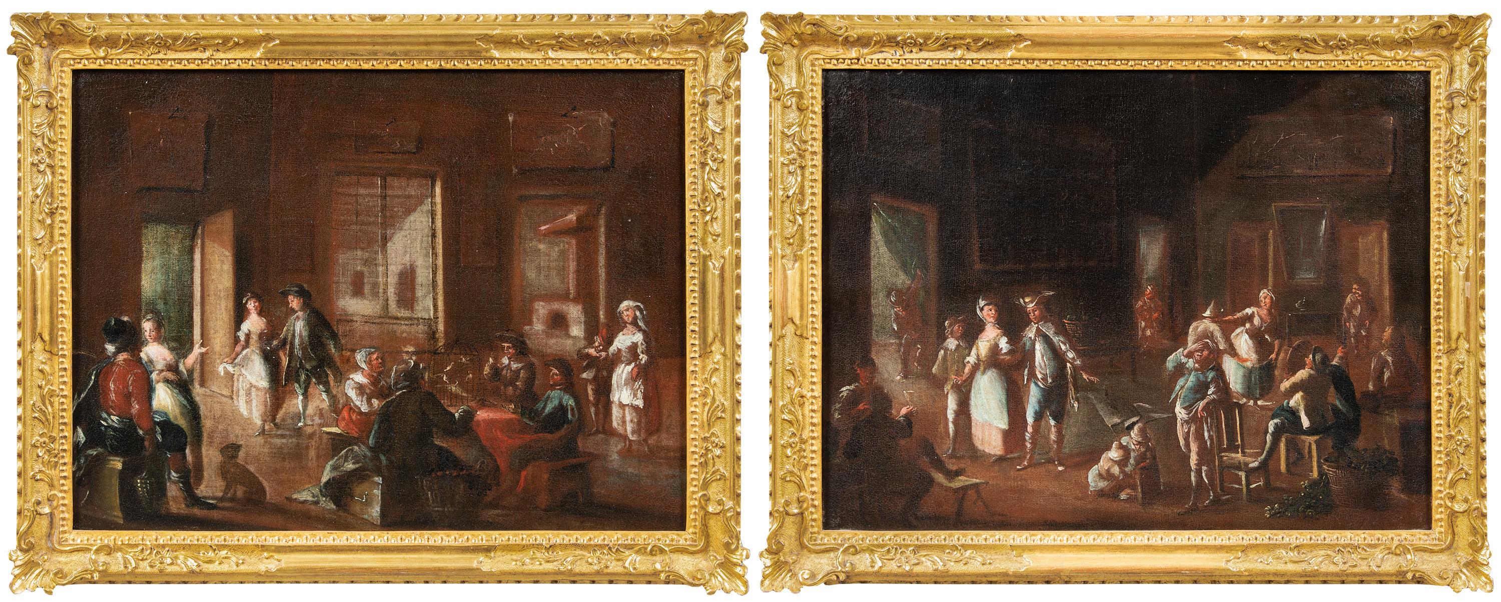 Lorenzo Gramiccia (Lorenzo 1702/1704 - Venise 1795) - Deux intérieurs vénitiens.

45 x 60 cm sans cadre, 55 x 70 cm avec cadre.

Paire de peintures à l'huile anciennes sur toile, dans des cadres en bois sculpté et doré. Le tableau peut être attribué