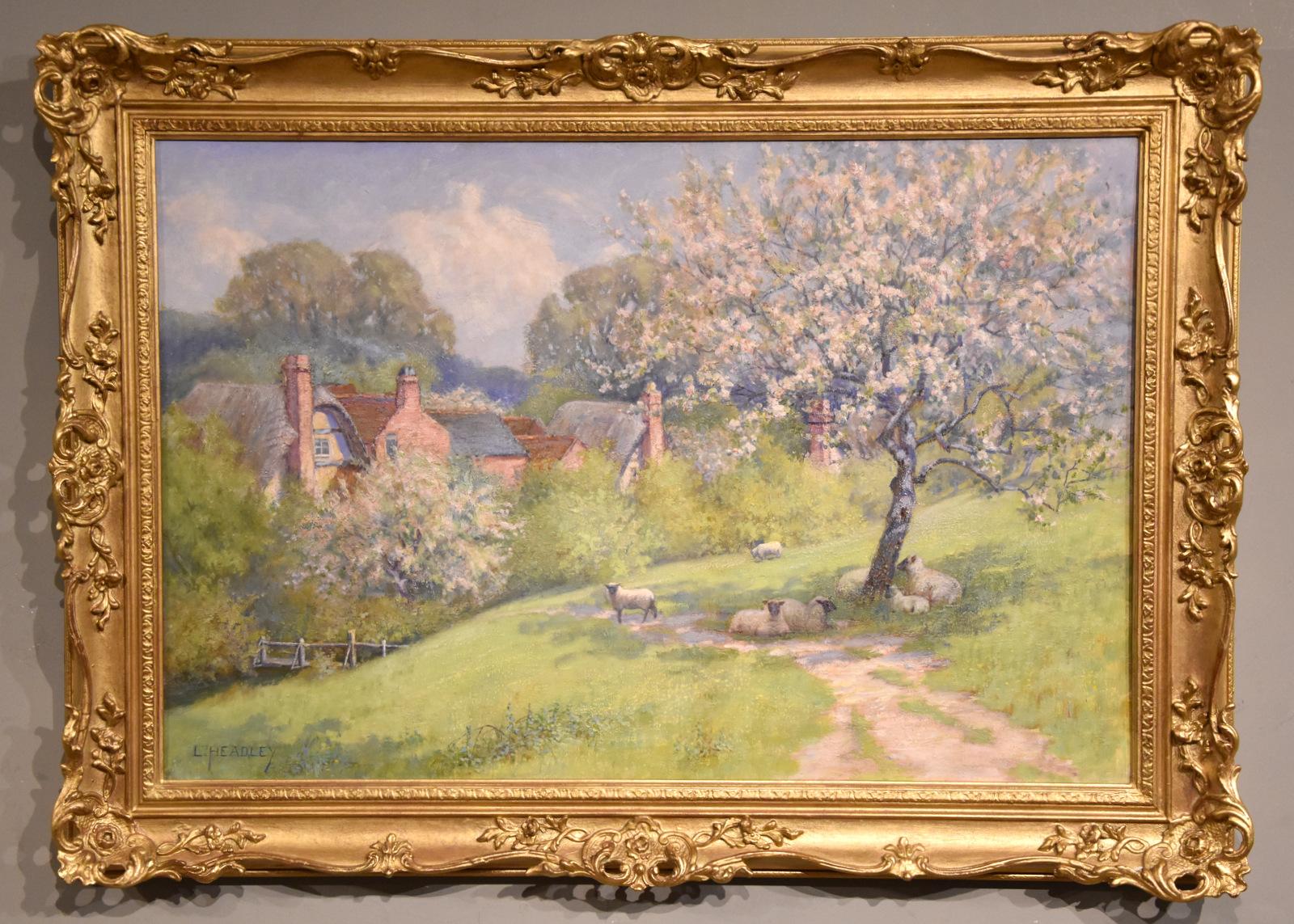 Oil Painting by Lorenzo Headley "Sheep grazing under Apple Blossom" Birmingham painter of local landscapes and Jewellery maker associated with the Bromsgrove Guild of Arts and crafts. Exhibited Birmingham. Oil on canvas. Signed

height 20" x width
