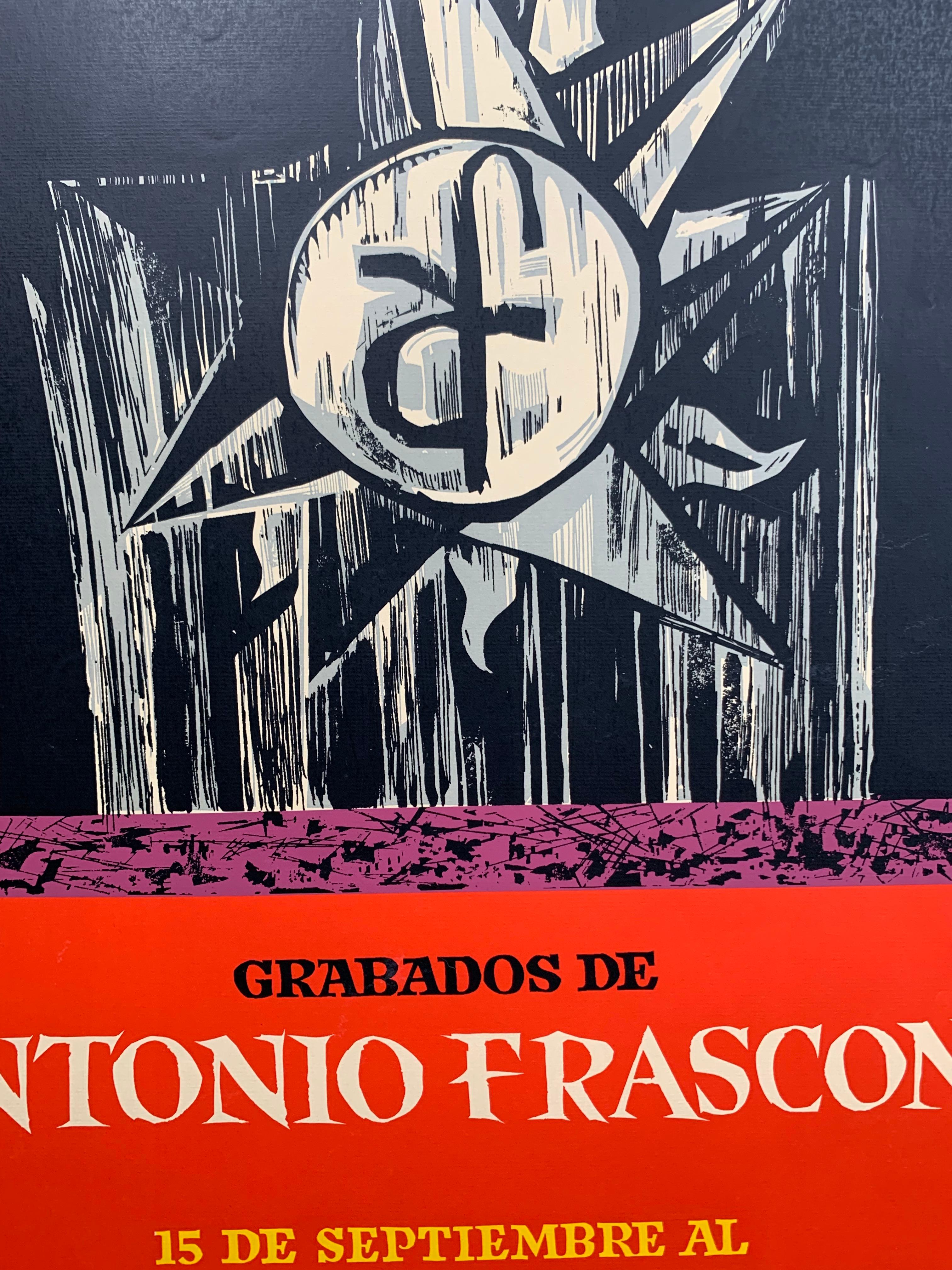 Rare affiche d'exposition de l'artiste portoricain Lorenzo Homar (1913-2004). Grabados de Antonio Frasconi, 1965. Affiche sérigraphiée sur papier. Usure et froissement mineurs comme indiqué sur les photos détaillées. Pas de taches, de déchirures ou