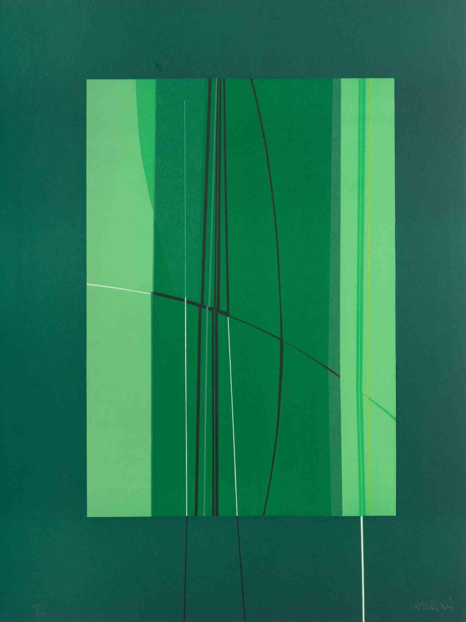 Green ist ein zeitgenössisches Kunstwerk von Lorenzo Indrimi aus den 1970er Jahren.

Gemischtfarbige Lithographie.

Am unteren Rand handsigniert und datiert.

Auflage von 40/150.

