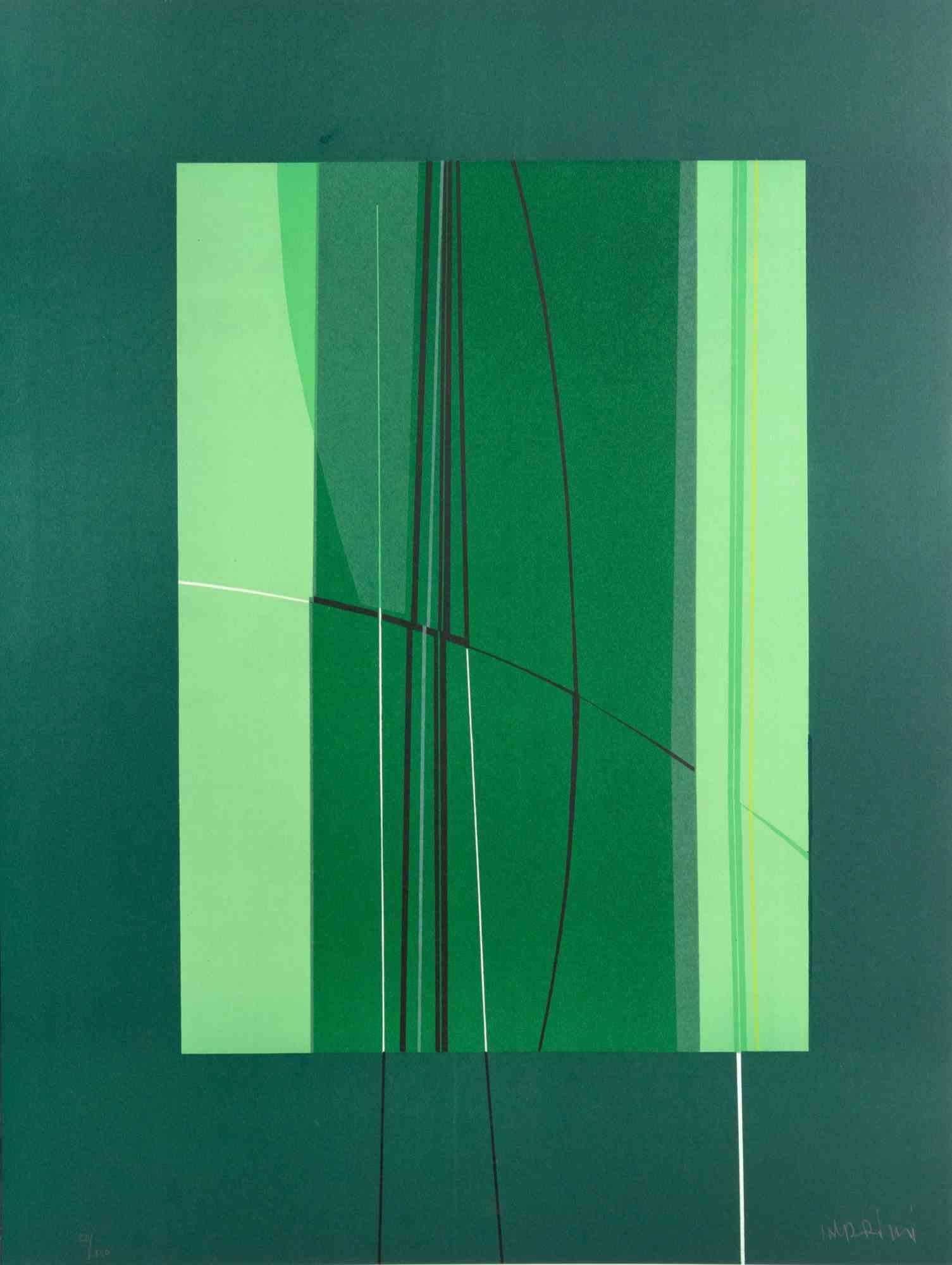 Green ist ein zeitgenössisches Kunstwerk von Lorenzo Indrimi aus den 1970er Jahren.

Gemischtfarbige Lithographie.

Am unteren Rand handsigniert und datiert.

Auflage von 92/150.