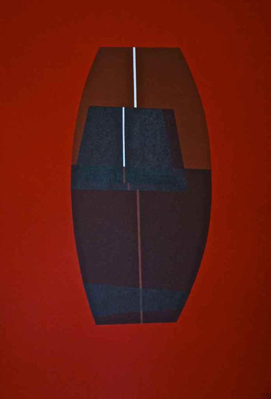 Red Six III est une belle lithographie abstraite réalisée par Lorenzo Indrimi dans les années 1970.

Il s'agit d'une édition signée à la main de 90 tirages.

L'objet bleu abstrait au centre de la composition semble brillant et se détache du fond