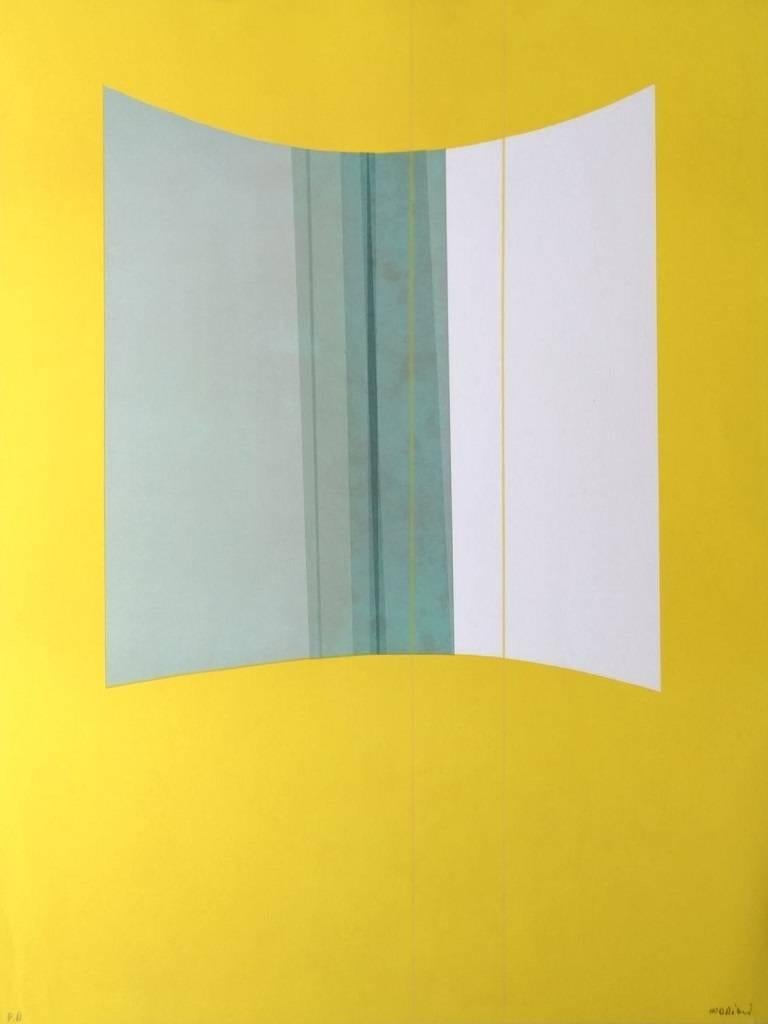 Le jaune est une œuvre d'art originale réalisée par Lorenzo Indrimi dans les années 1970. Intéressante lithographie en couleur, signée à la main au crayon dans la marge inférieure droite ; dans la marge inférieure gauche est écrit "P.A." (épreuve