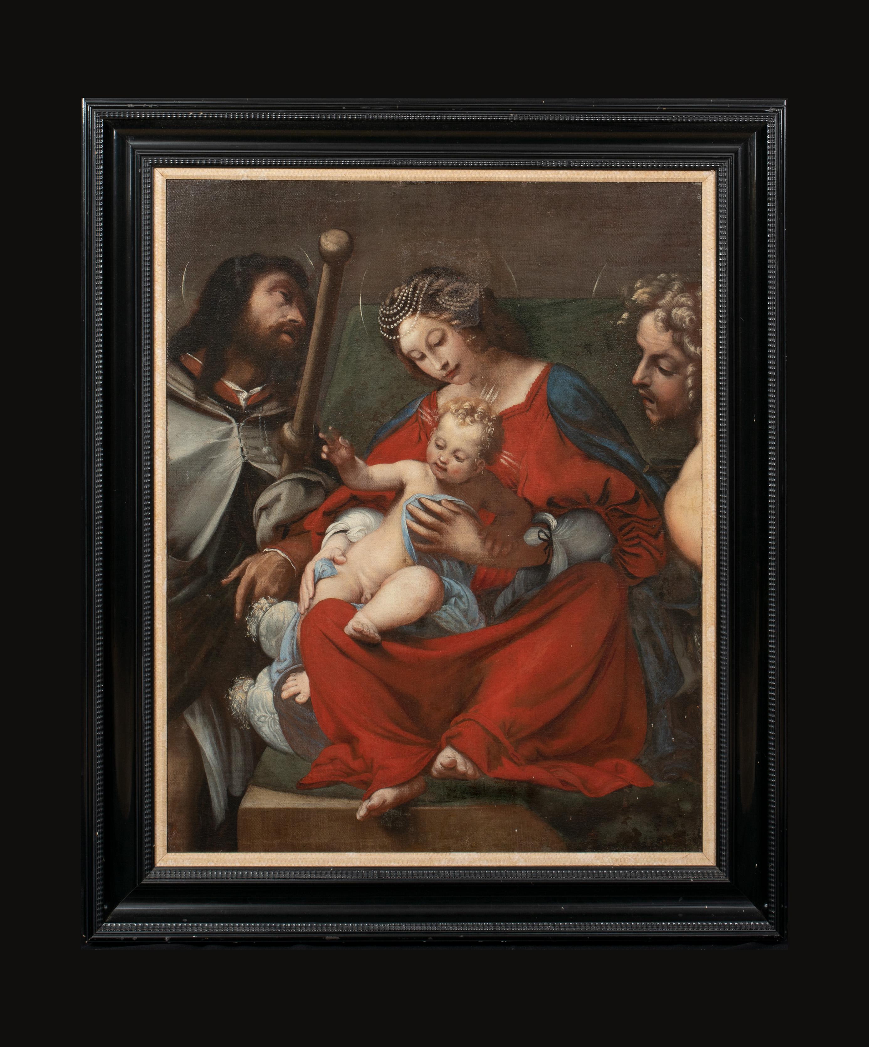 Madonna, The Infant Christ, St Roch & Saint Sebastian, 16th century  - Brown Portrait Painting by Lorenzo Lotto