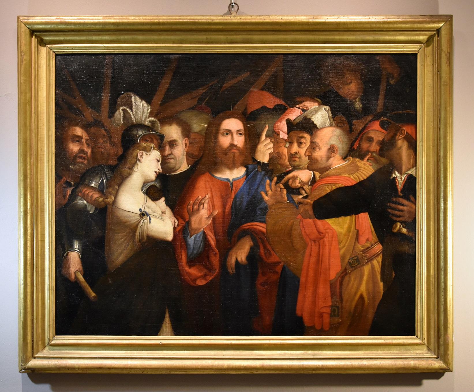 Christ adulteress Lotto Paint 16th Century Huile sur toile Grand maître Venise Art - Maîtres anciens Painting par  Lorenzo Lotto (venice, 1480 - Loreto, 1556/1557)
