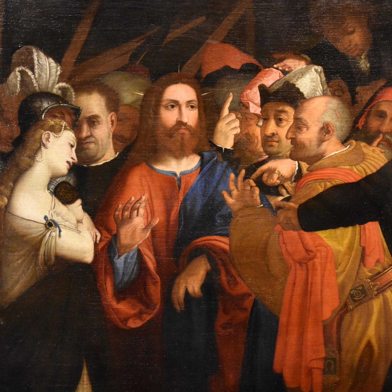 Christ adulteress Lotto Paint 16th Century Huile sur toile Grand maître Venise Art 1