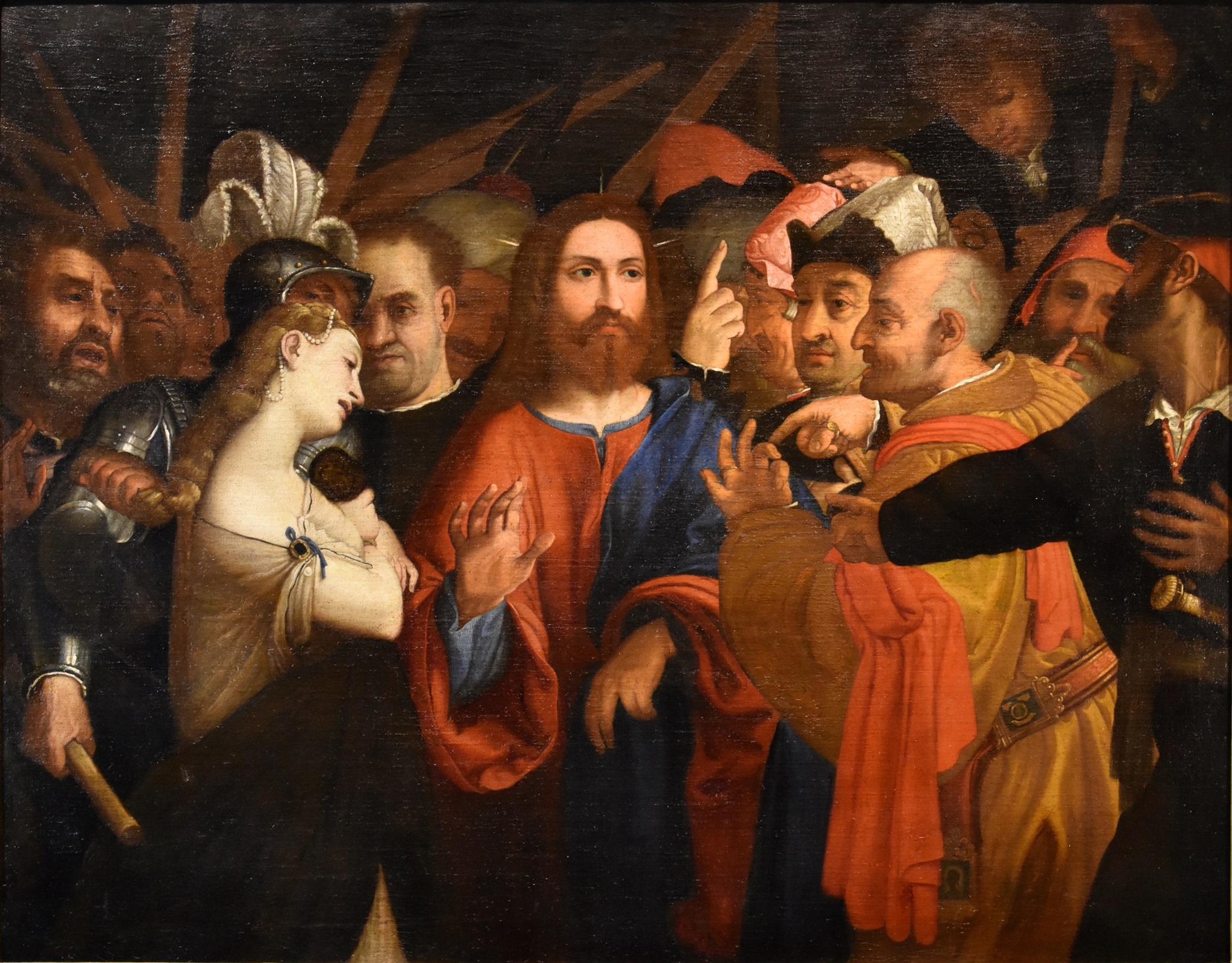 Christ adulteress Lotto Paint 16th Century Huile sur toile Grand maître Venise Art - Painting de  Lorenzo Lotto (venice, 1480 - Loreto, 1556/1557)