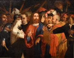 Christ adulteress Lotto Paint 16th Century Huile sur toile Grand maître Venise Art