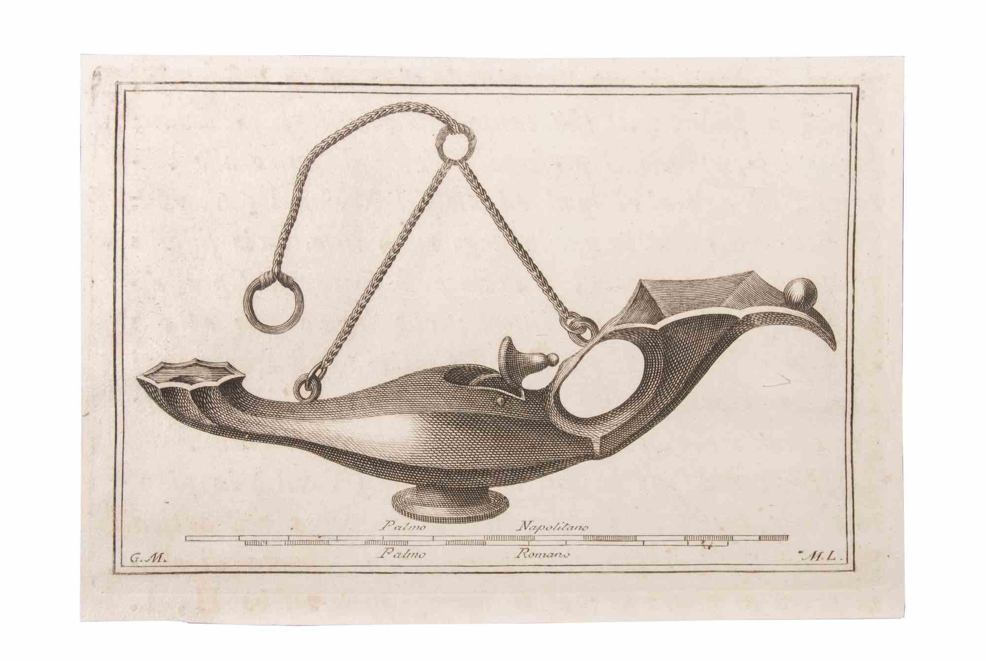 Pendant Lamp Made of Bronze is an Etching realized by Lorenzo Mangini (18th century).

The etching belongs to the print suite “Antiquities of Herculaneum Exposed” (original title: “Le Antichità di Ercolano Esposte”), an eight-volume volume of