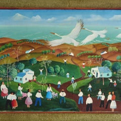 Lorenzo Prato Signed American Folk Art Village Scene with Cranes in Flight