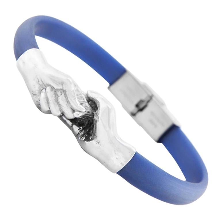 Lorenzo Quinn Give and Receive Silver and Rubber Bracelet with Navy Strap For Sale