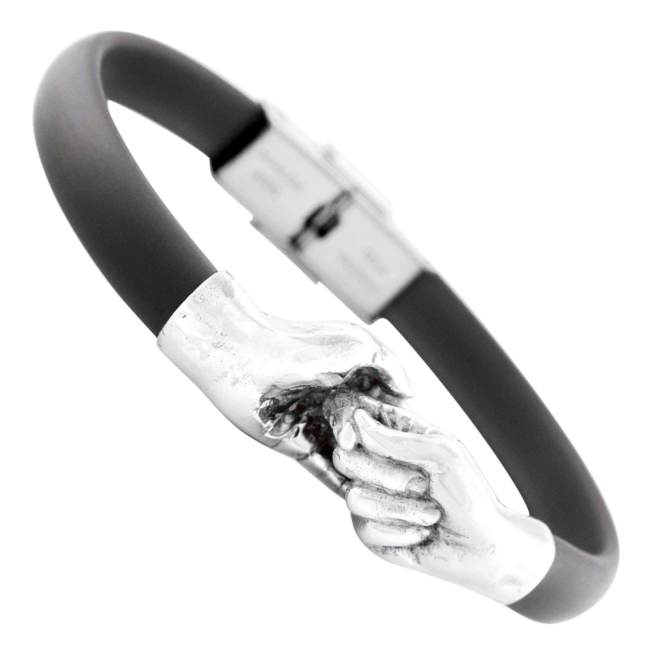 Lorenzo Quinn Give and Receive Silver Bracelet with Black Rubber Strap For Sale