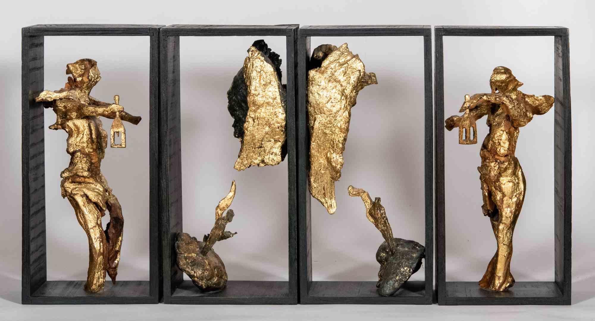 Kostbare Skulptur, in vier Modulen vorgeschlagen, in ausgezeichnetem Zustand, authentische 1998 Schöpfung in Blattgold, Bronze und Ebenholz, vom Bildhauer Lorenzo Servalli, um über die Suche nach jemandem, der wirklich in der Lage war, nach seiner