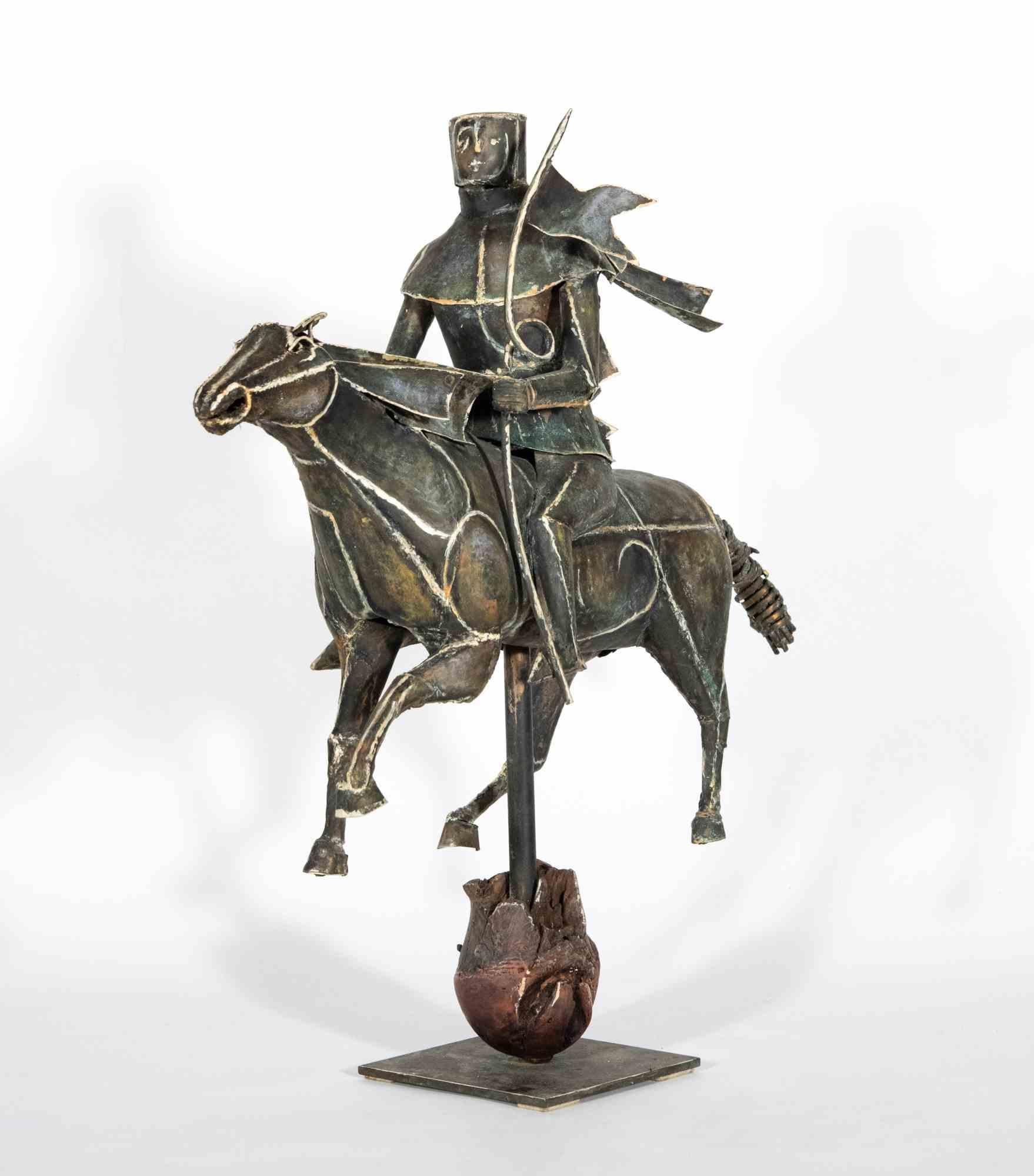 A Mighty Sculpture, in Excellent Condition, an Authentic Brass Creation of 1975, proposed by the Sculptor Lorenzo Servalli, with which the Artist celebrates Courage and Strength, narrating them as a Knight clad in his heavy Armour who, riding his