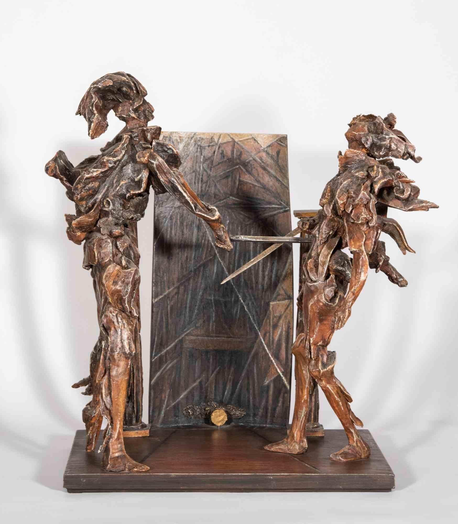 Ergreifende Skulptur, in ausgezeichnetem Zustand, geschaffen aus handbemaltem Holz mit kleinem Bronzeeinsatz, vom Bildhauer Lorenzo Servalli, um im Jahr 1998 die Lehre der Vergebung zu erzählen, durch die bewegende Novelle von Tancred und Clorinda,