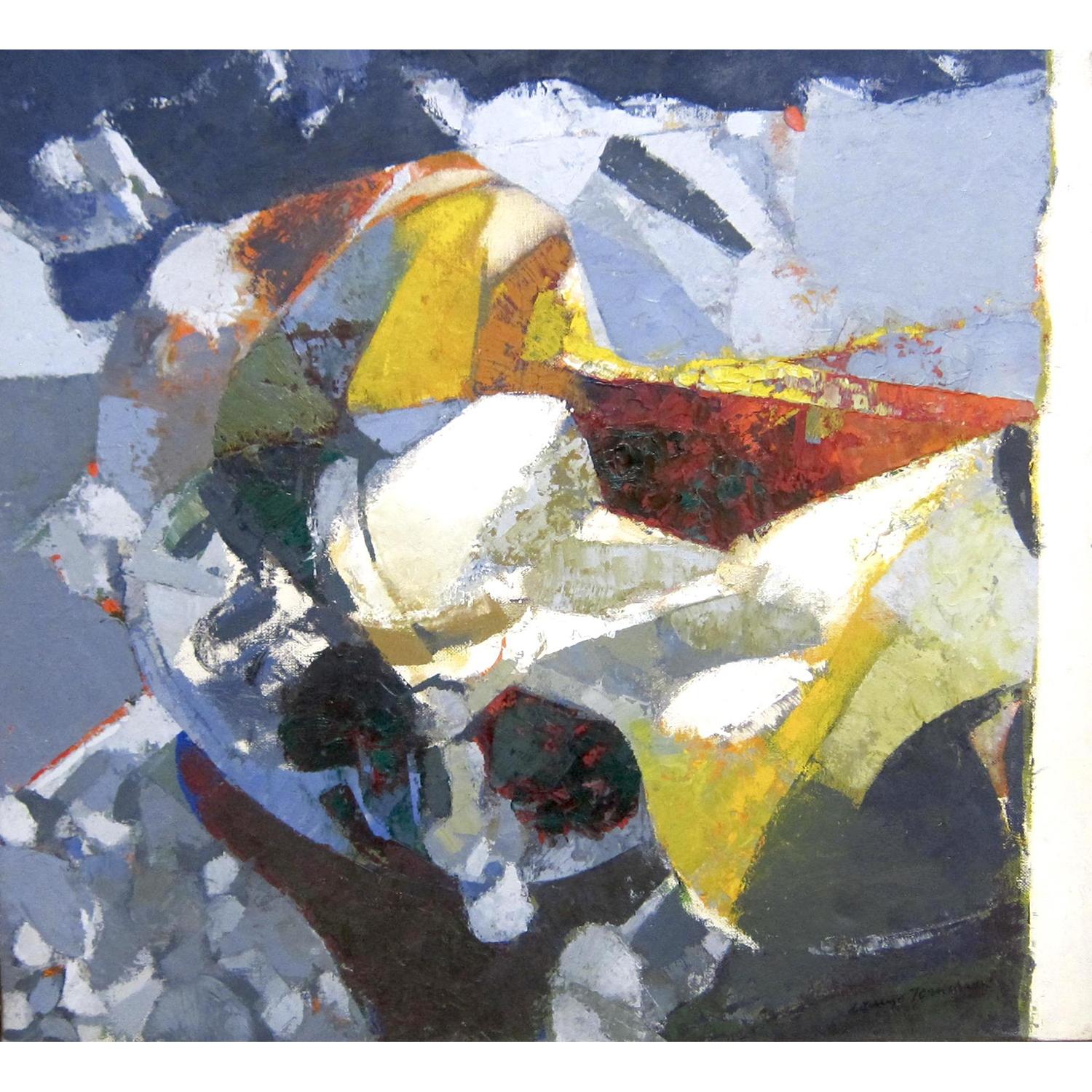 A color-filled abstract expressionist oil painting by Italian artist, Lorenzo Tornabuoni.
Tornabuoni was an Italian artist, born in Rome in 1934.  He was the son of a richly cultured family with noble origins.  He spent the early years of his life